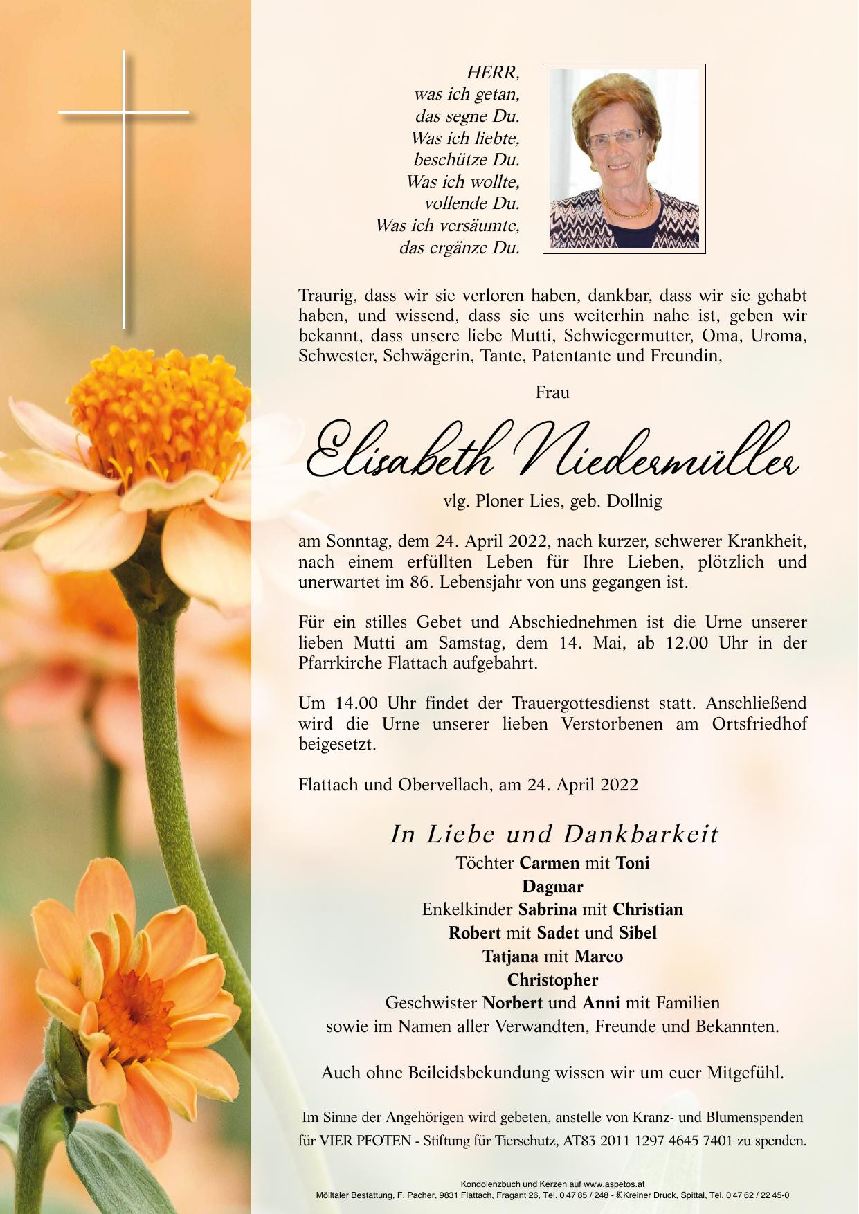 Traueranzeige von Elisabeth Niedermüller