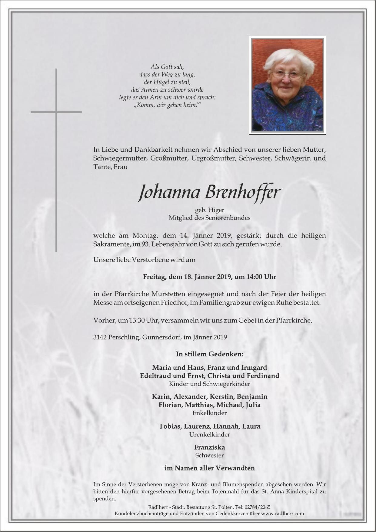 Traueranzeige von Johanna Brenhoffer