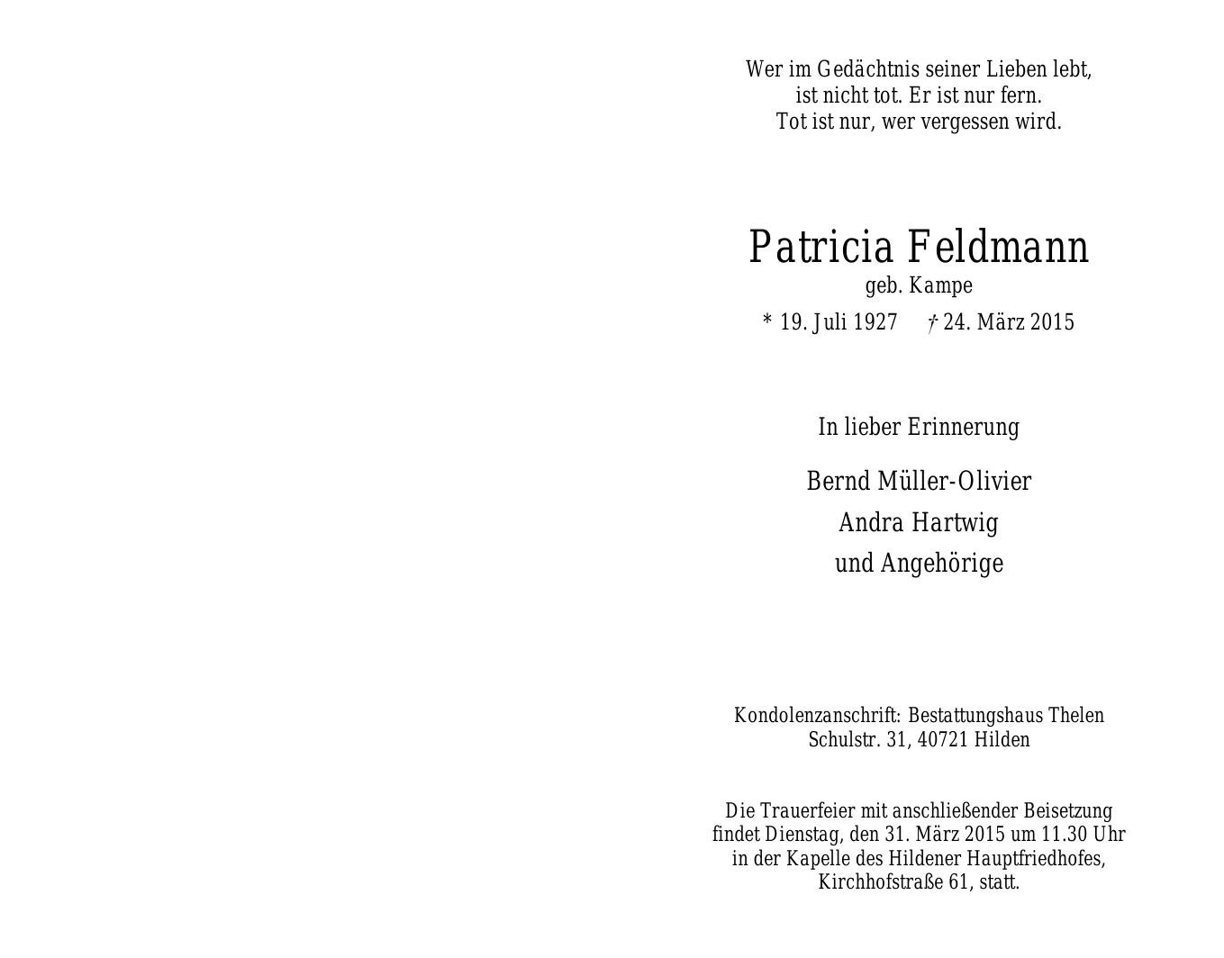 Traueranzeige von Patricia Feldmann