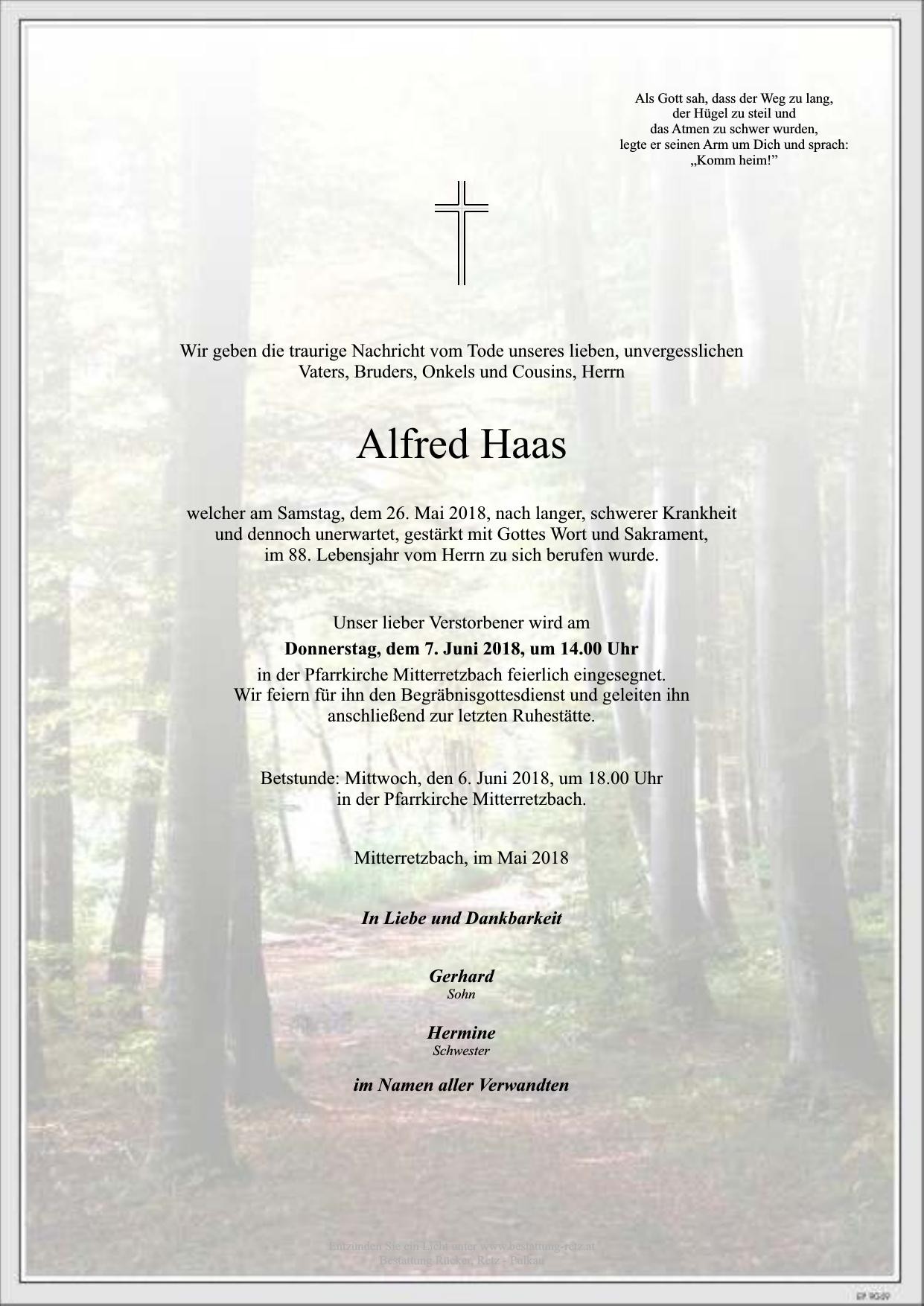 Traueranzeige von Alfred Haas