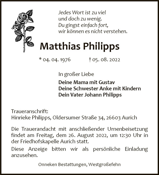 Traueranzeige von Matthias Philipps