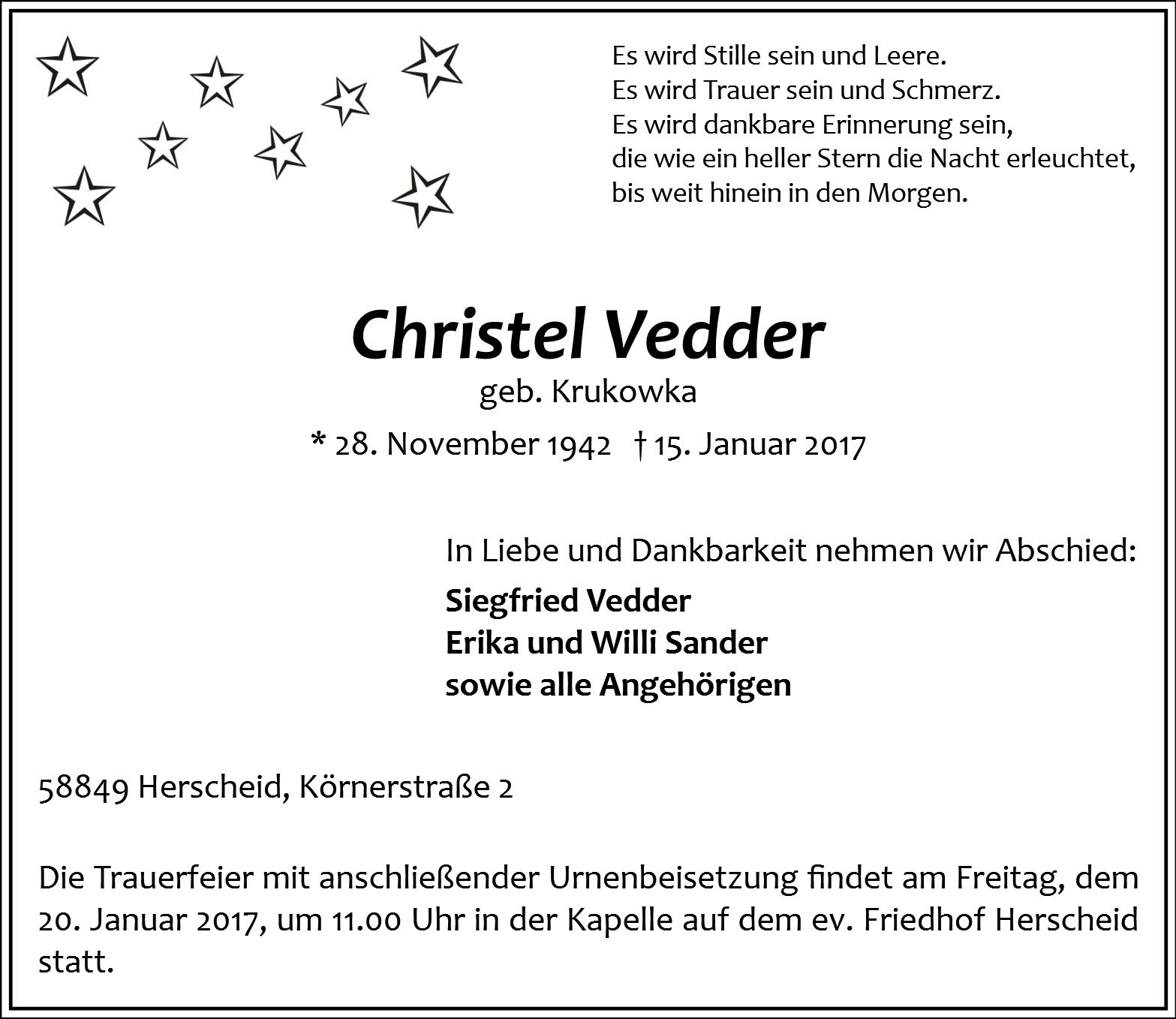Traueranzeige von Christel Vedder