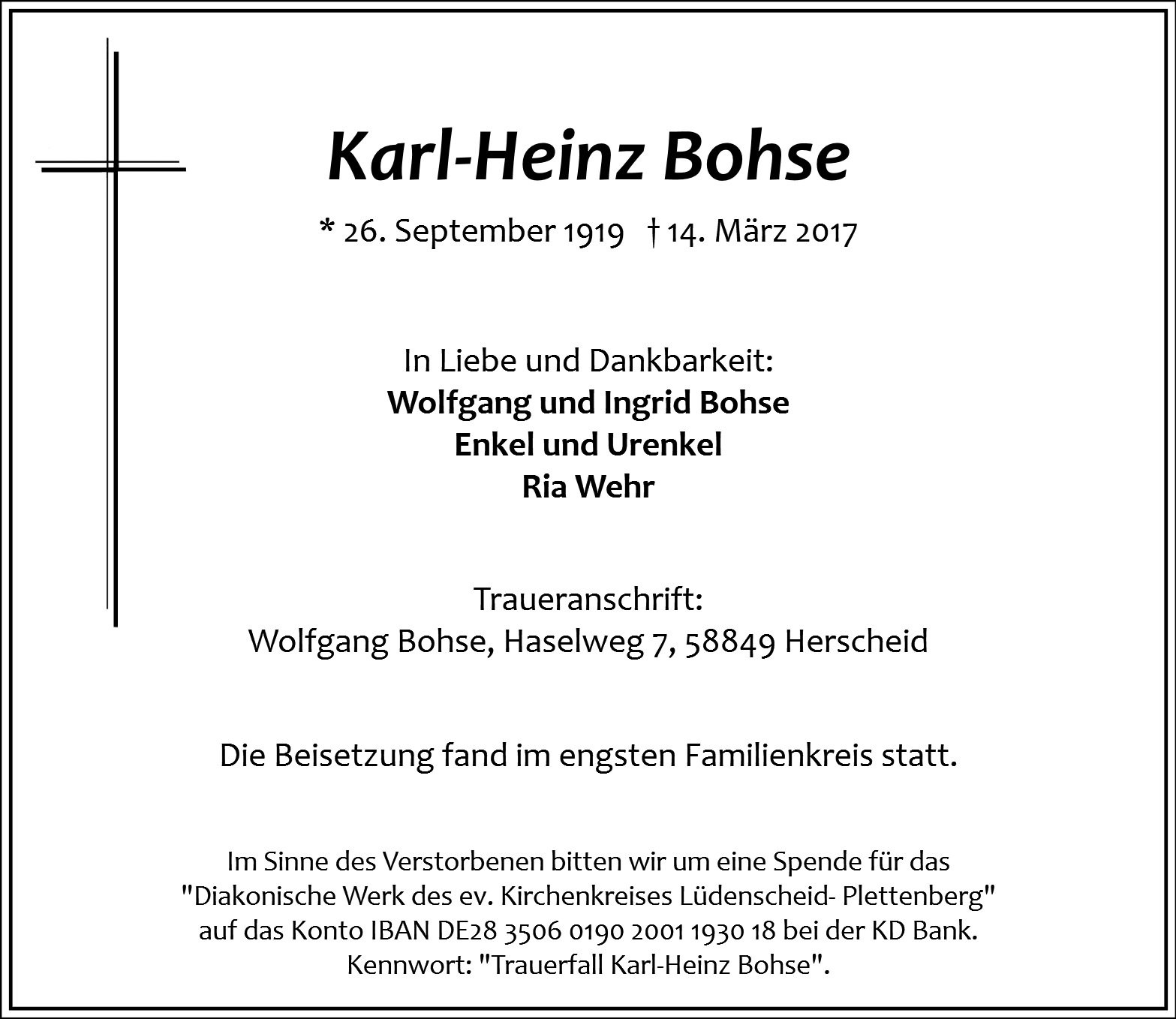 Traueranzeige von Karl-Heinz Bohse
