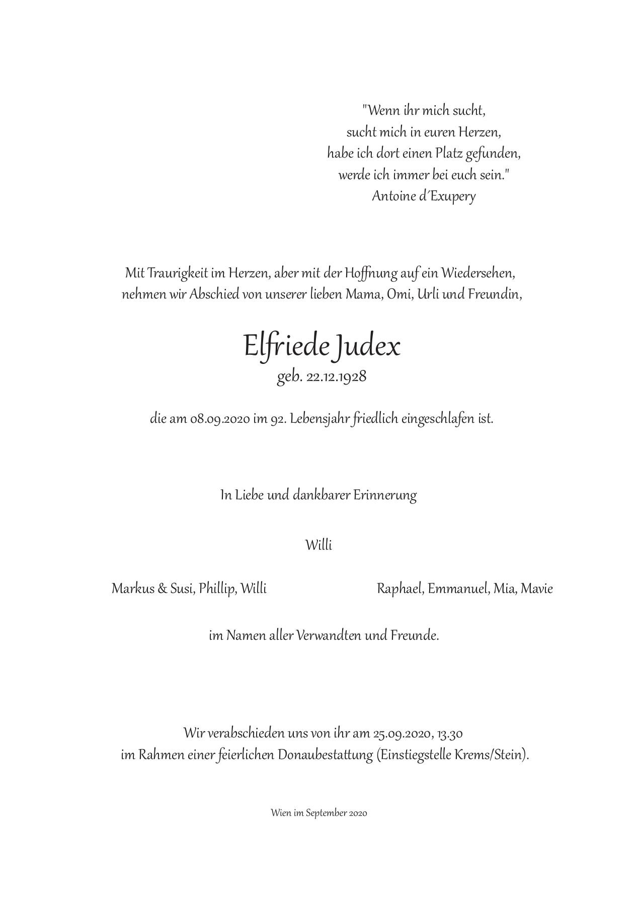 Traueranzeige von Elfriede Eva Judex