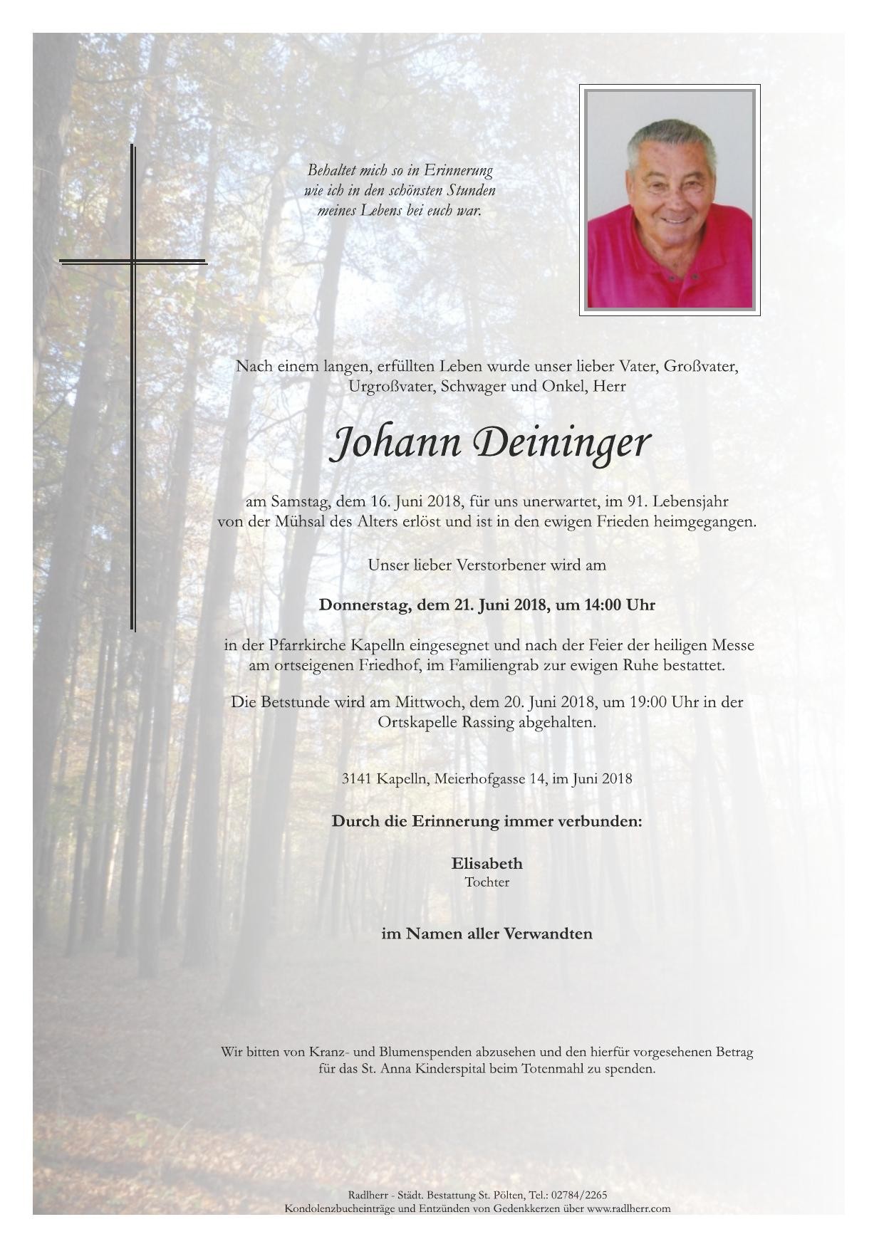 Traueranzeige von Johann Deininger