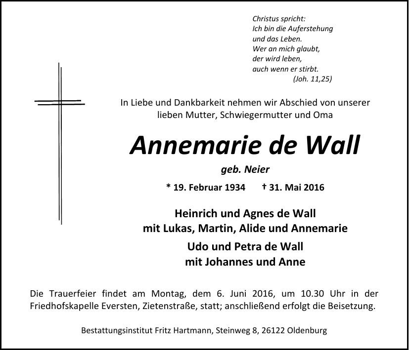 Traueranzeige von Annemarie de Wall