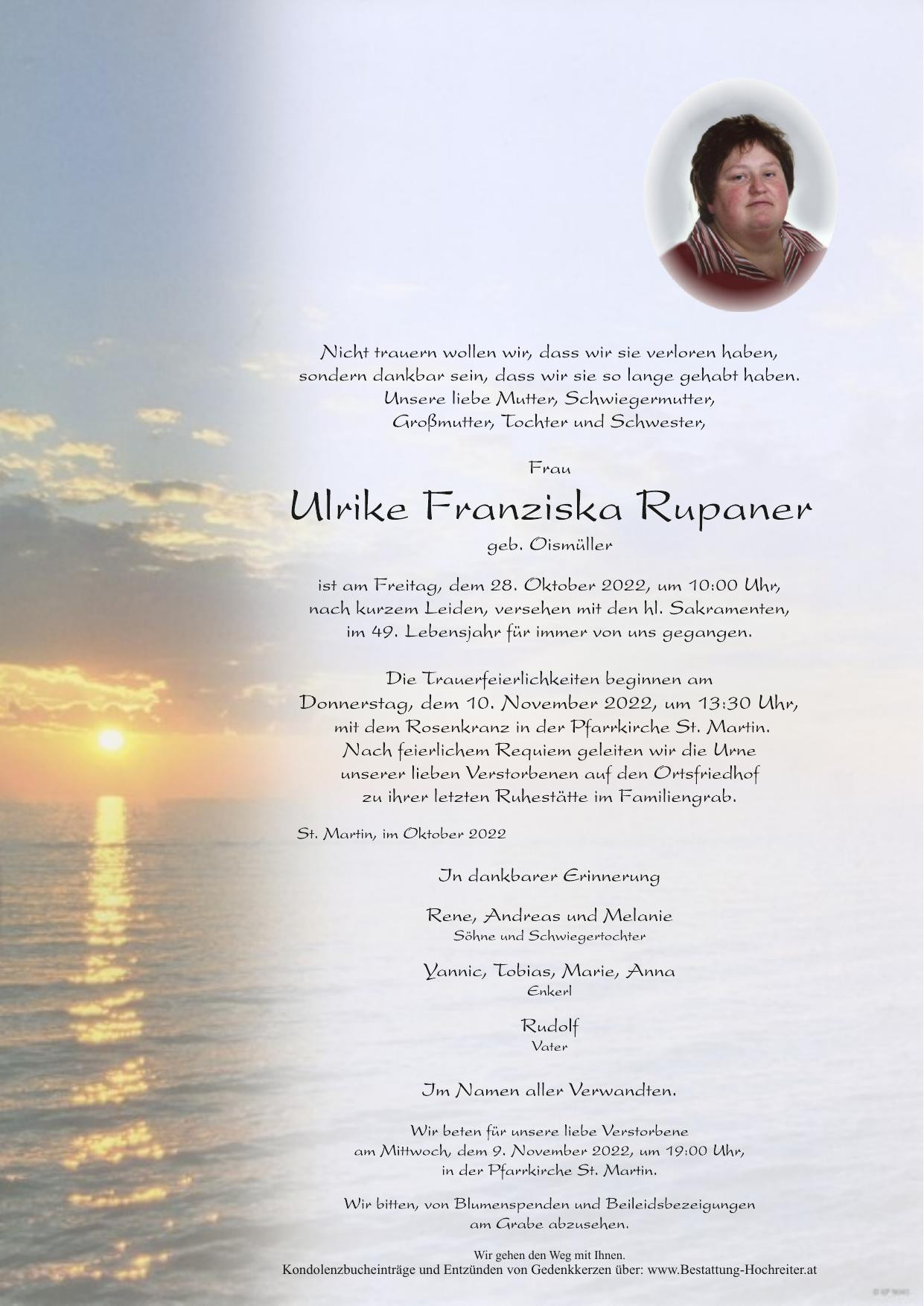 Traueranzeige von Ulrike Franziska Rupaner