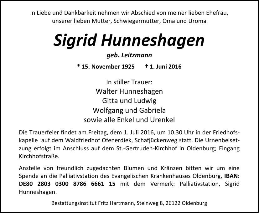 Traueranzeige von Sigrid Hunneshagen
