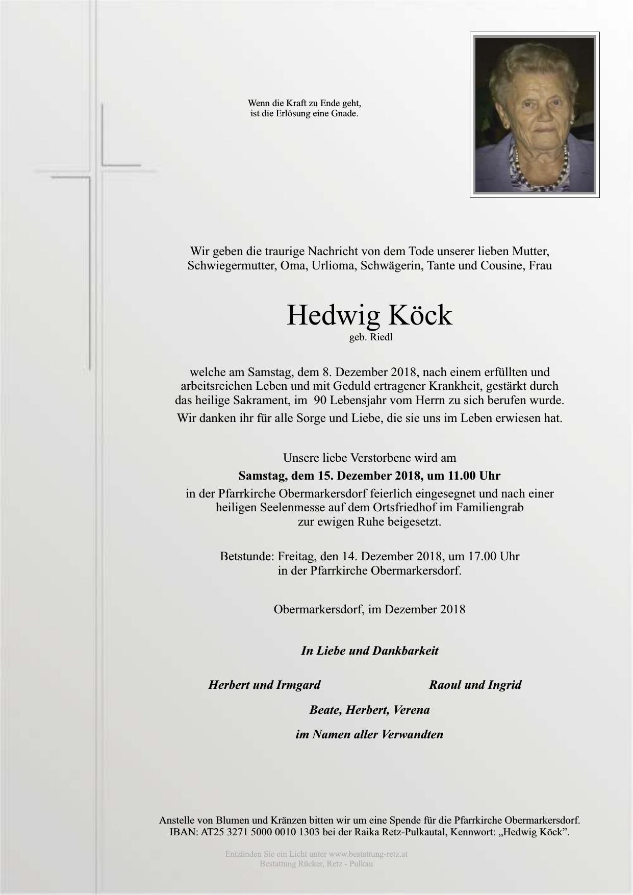 Traueranzeige von Hedwig Köck