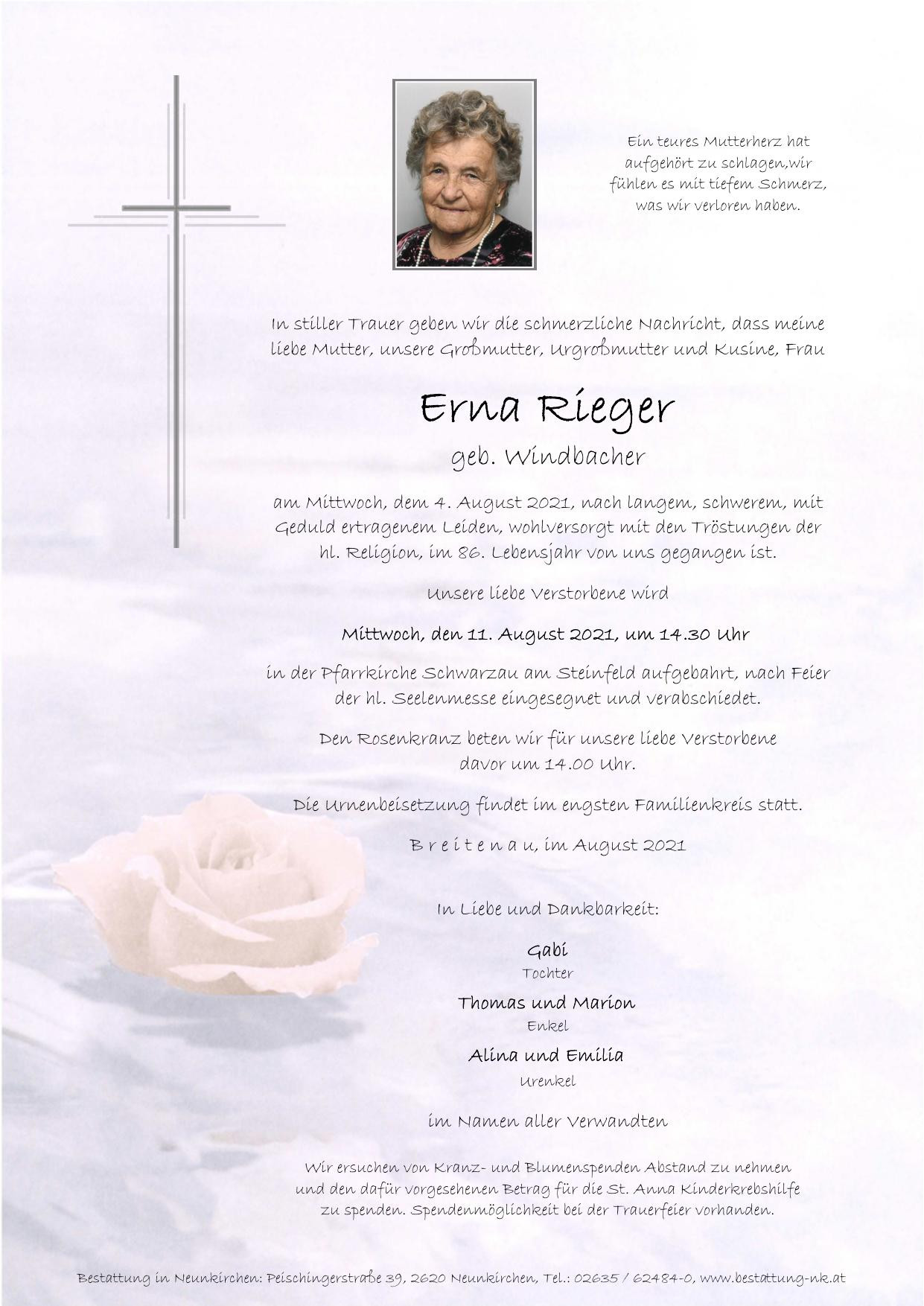 Traueranzeige von Erna Rieger