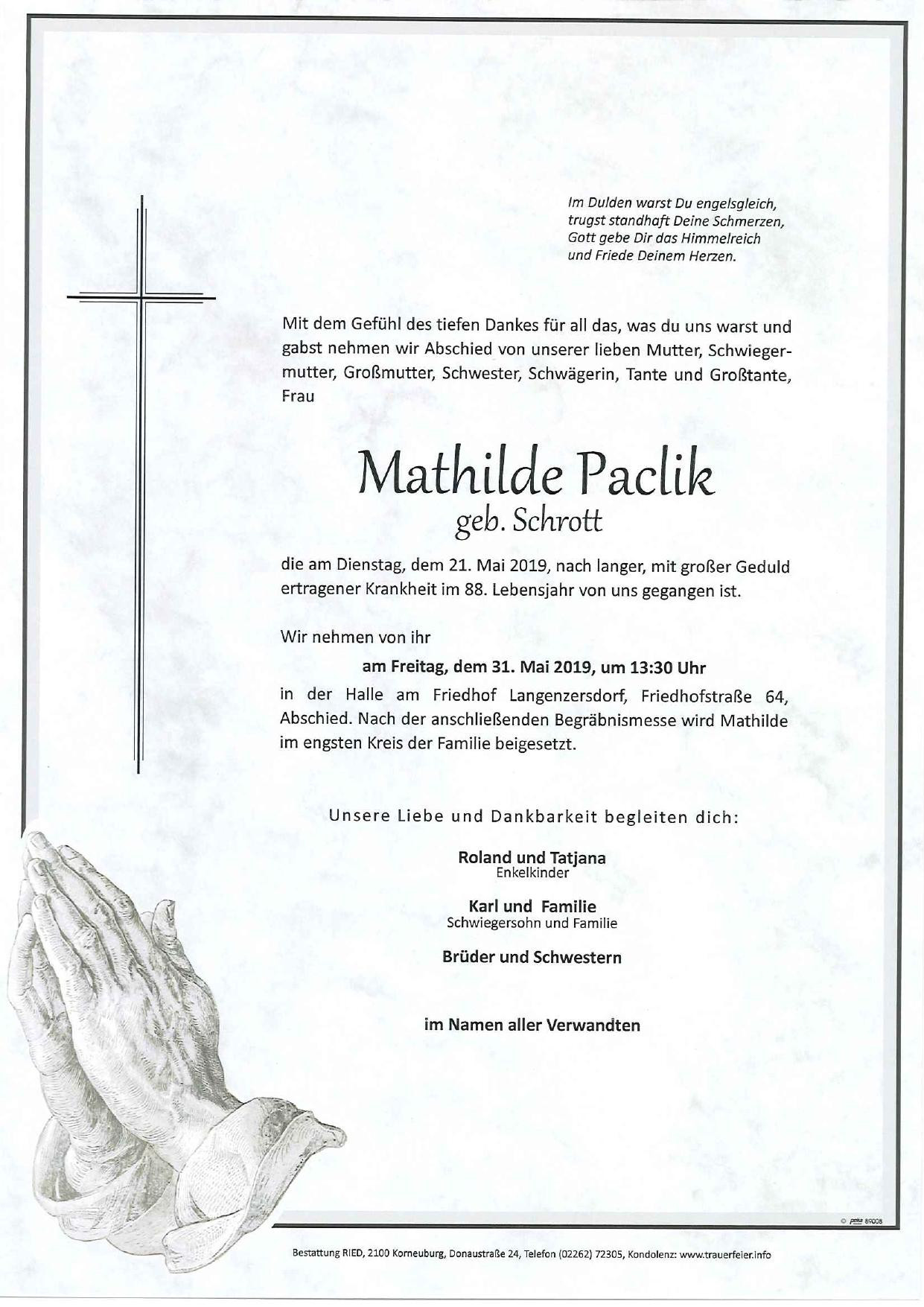 Traueranzeige von Mathilde Paclik