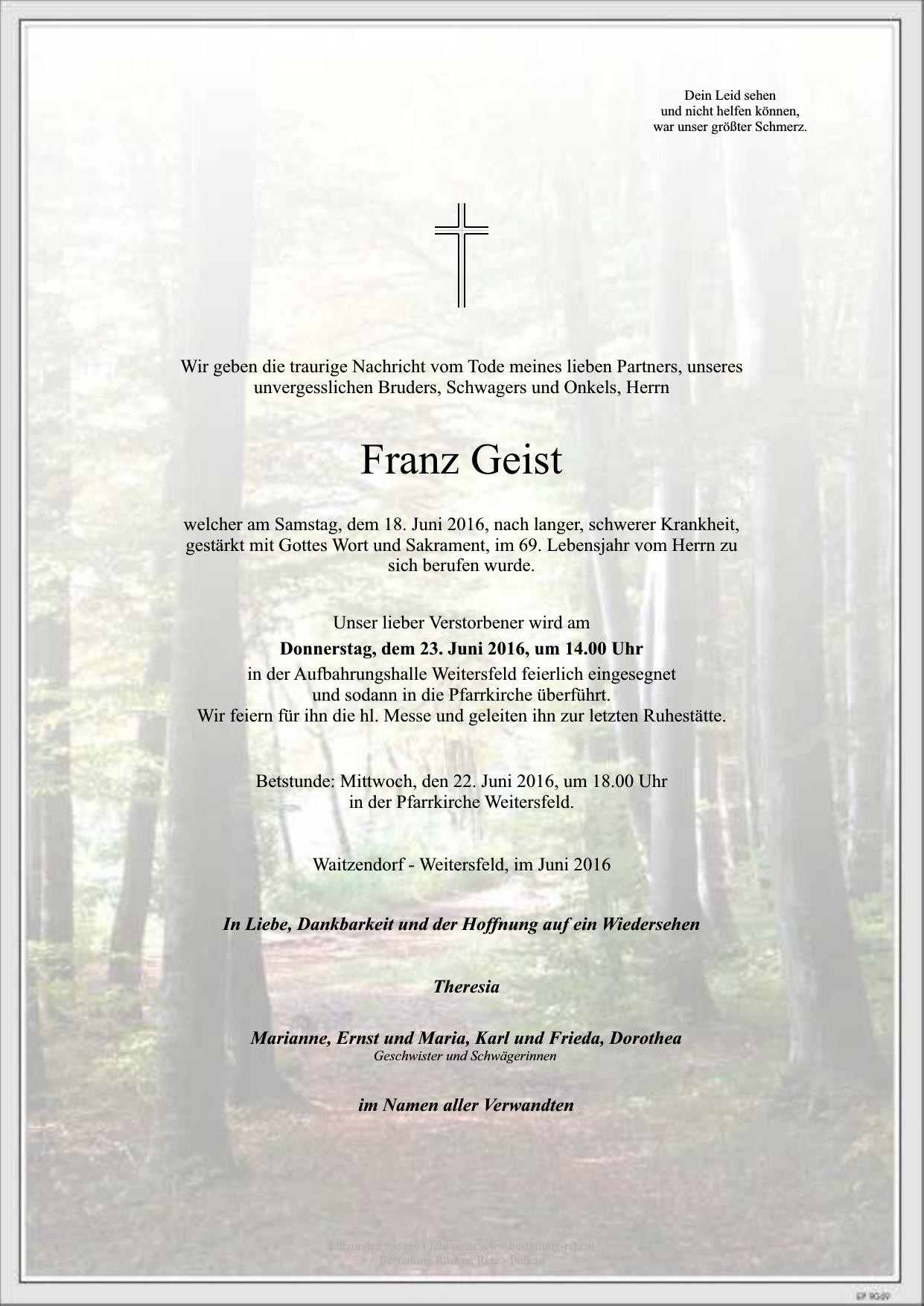Traueranzeige von Franz Geist