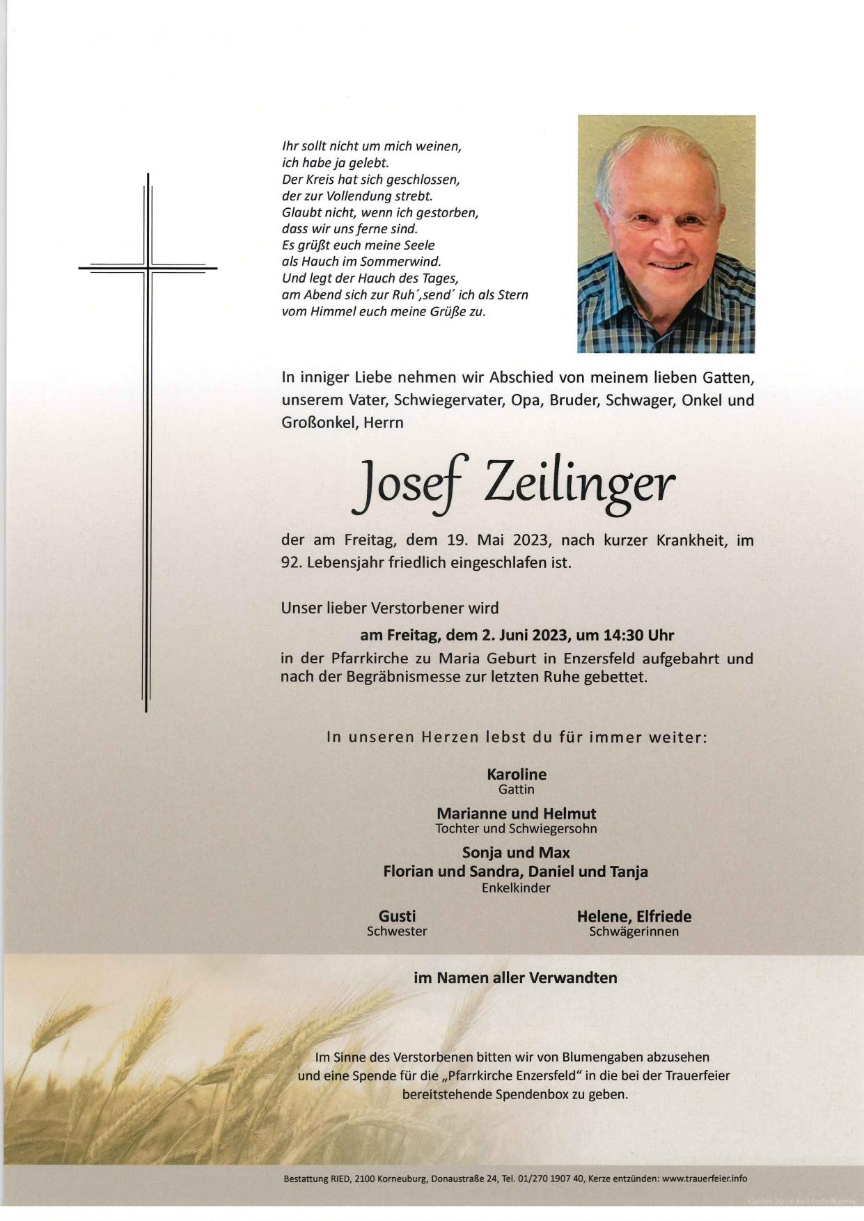 Traueranzeige von Josef Zeilinger