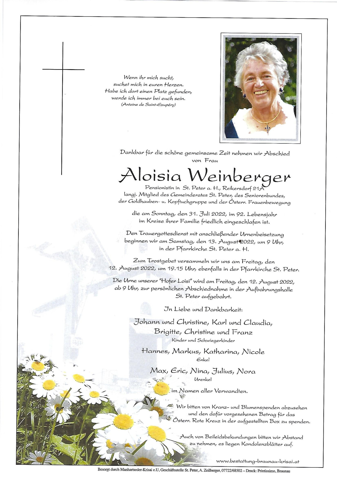 Traueranzeige von Aloisia Weinberger
