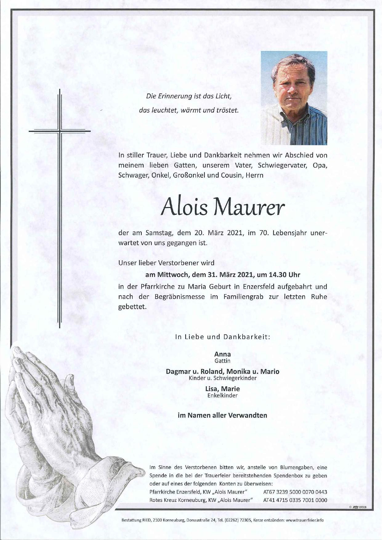 Traueranzeige von Alois Maurer