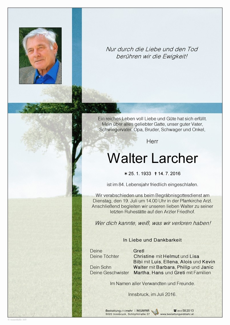 Traueranzeige von Walter Larcher