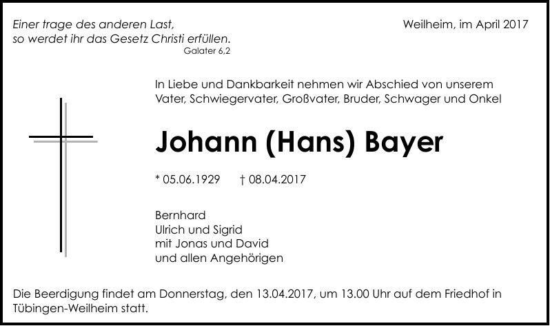 Traueranzeige von Johann (Hans) Bayer