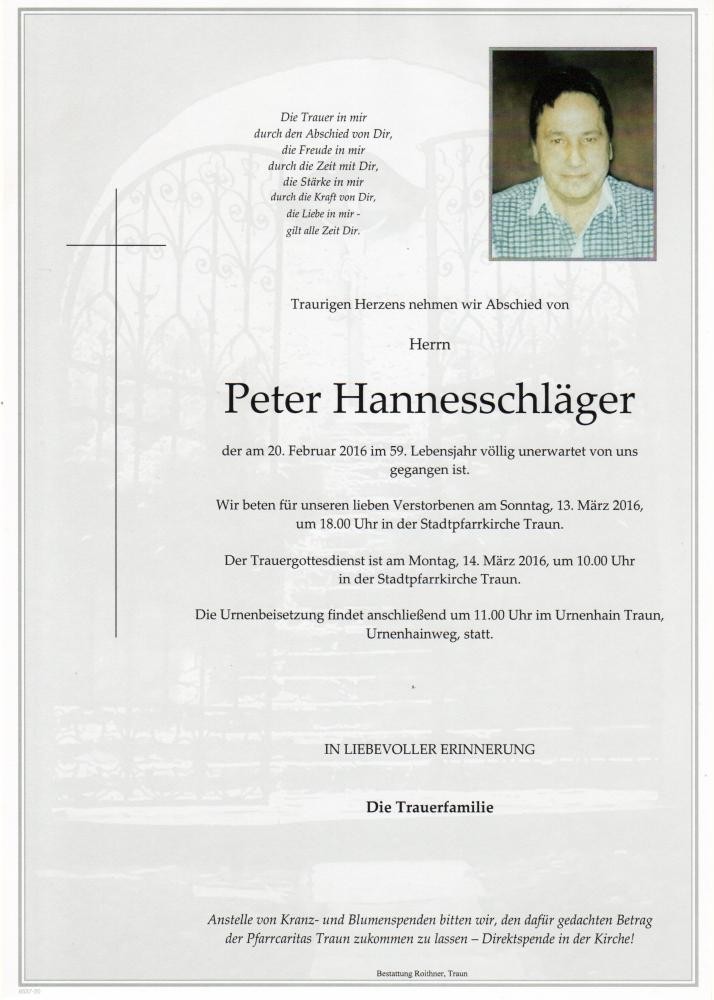 Traueranzeige von Peter Hannesschläger