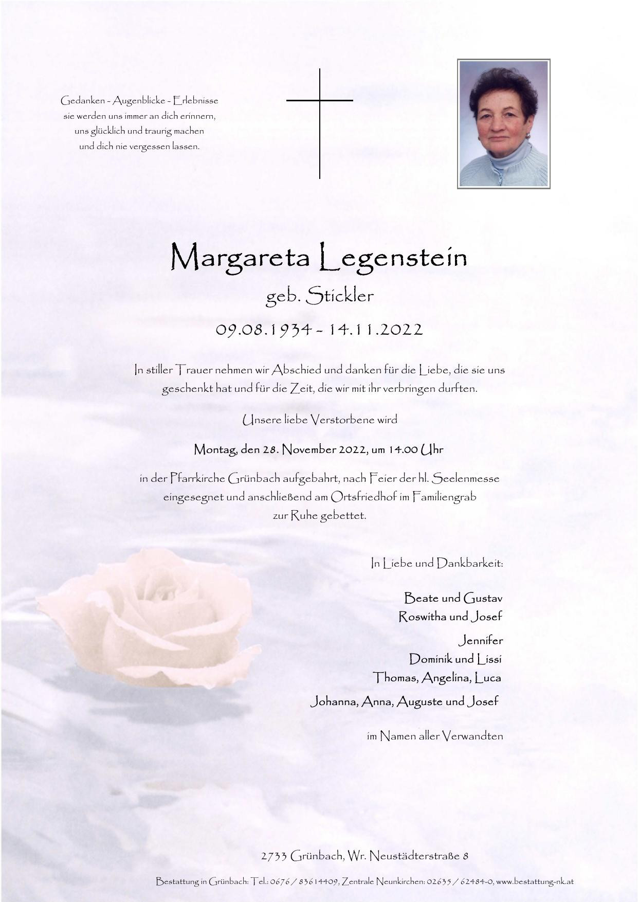 Traueranzeige von Margareta Legenstein