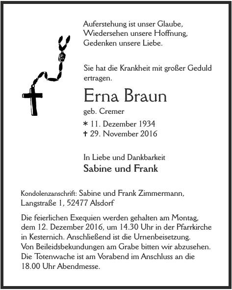 Traueranzeige von Erna Braun