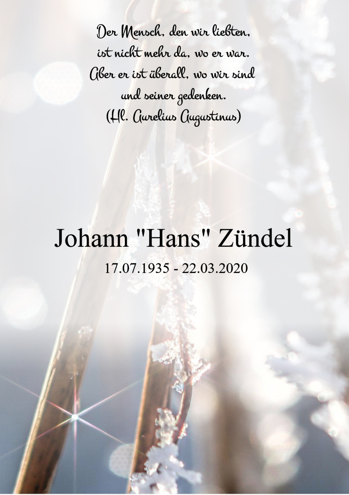 Traueranzeige von Johann "Hans" Zündel