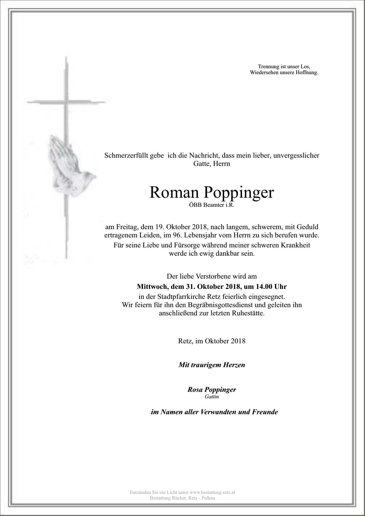 Traueranzeige von Roman Poppinger