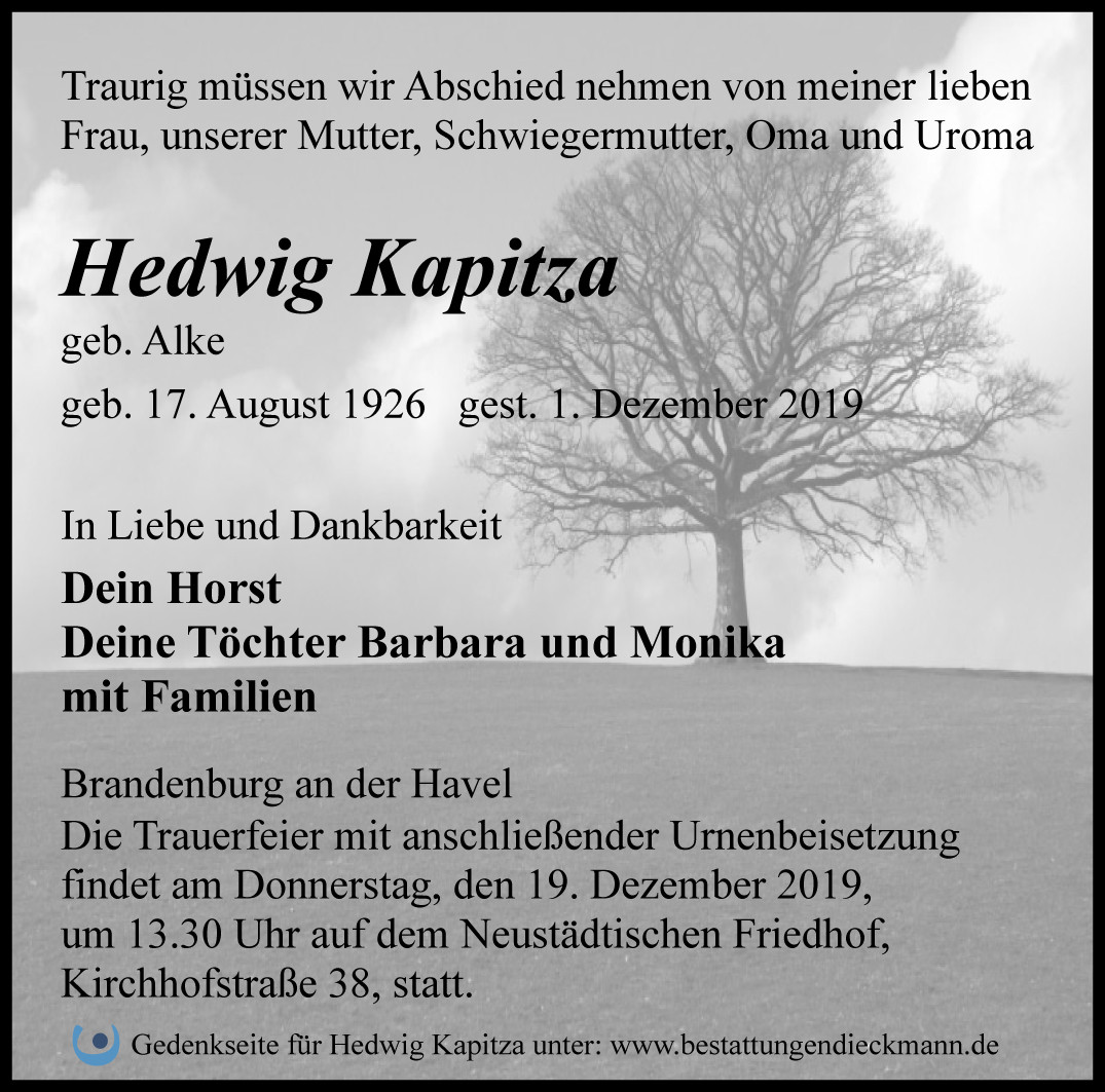 Traueranzeige von Hedwig Kapitza