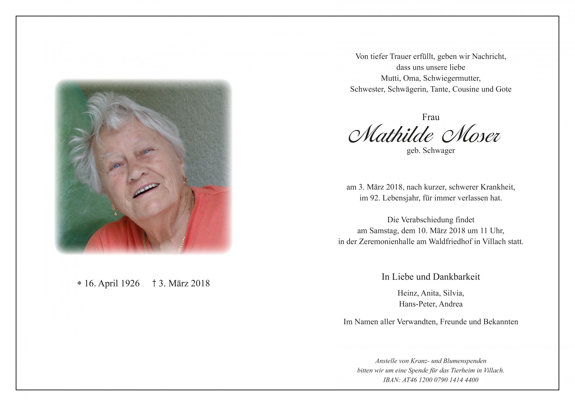 Traueranzeige von Mathilde Moser