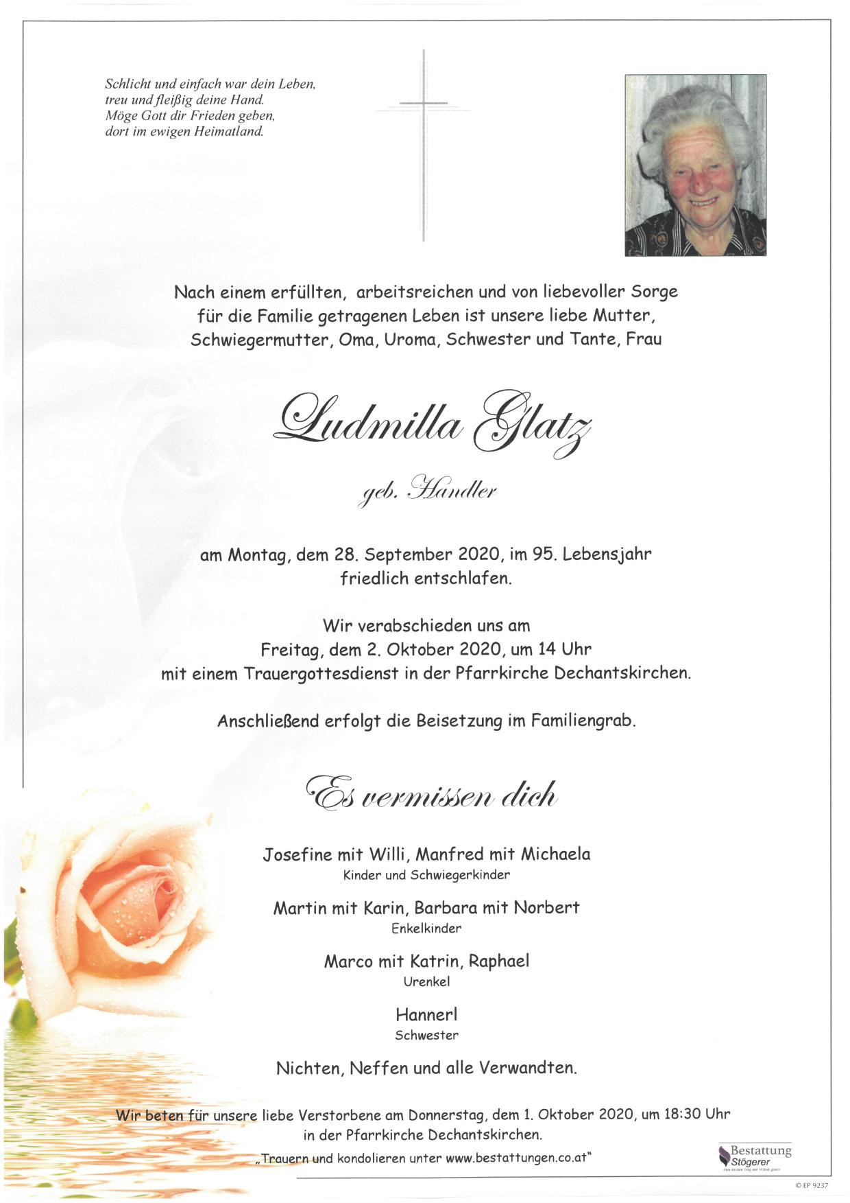 Traueranzeige von Ludmilla Glatz