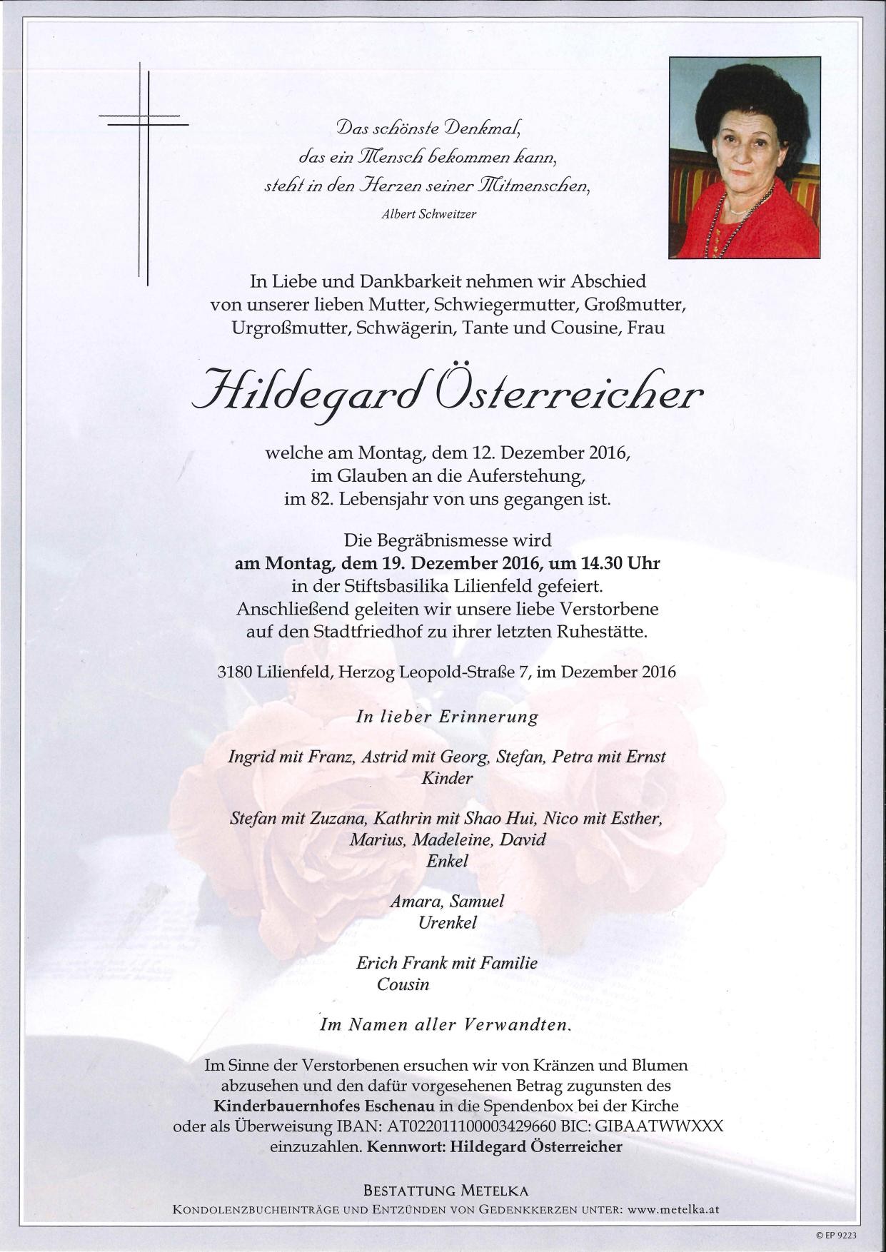Traueranzeige von Hildegard Österreicher