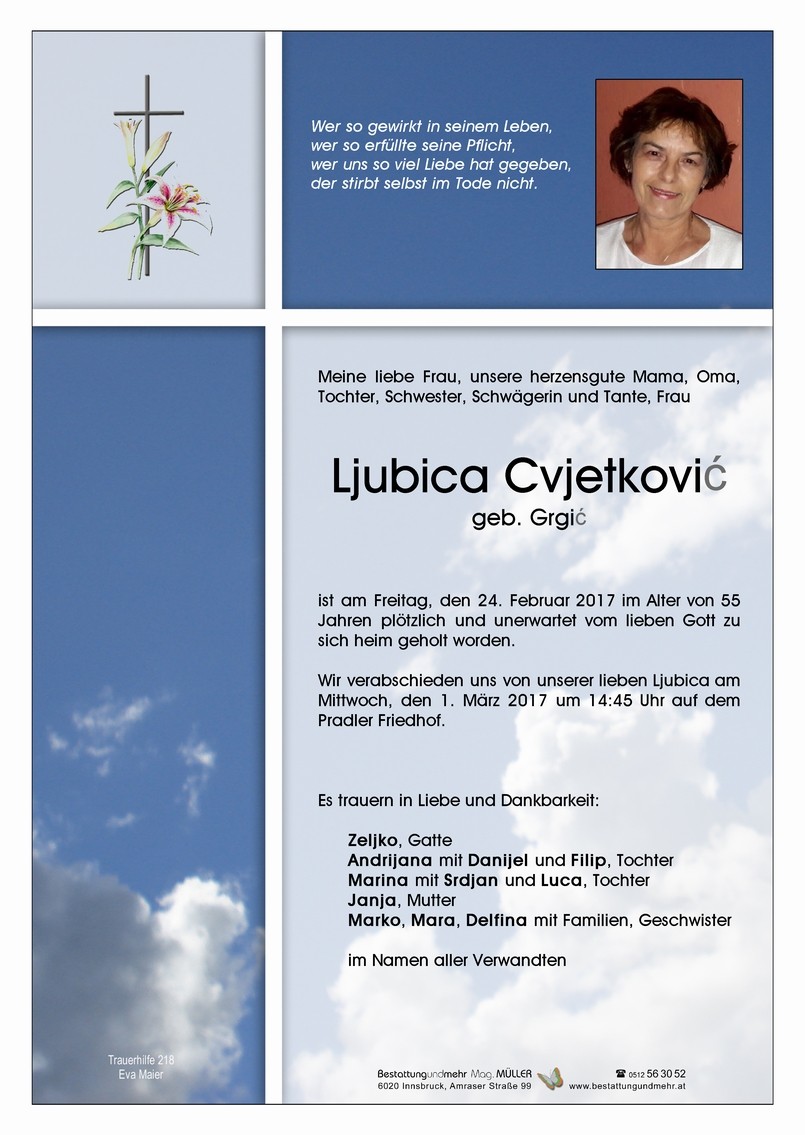 Traueranzeige von Ljubica Cvjetkovic