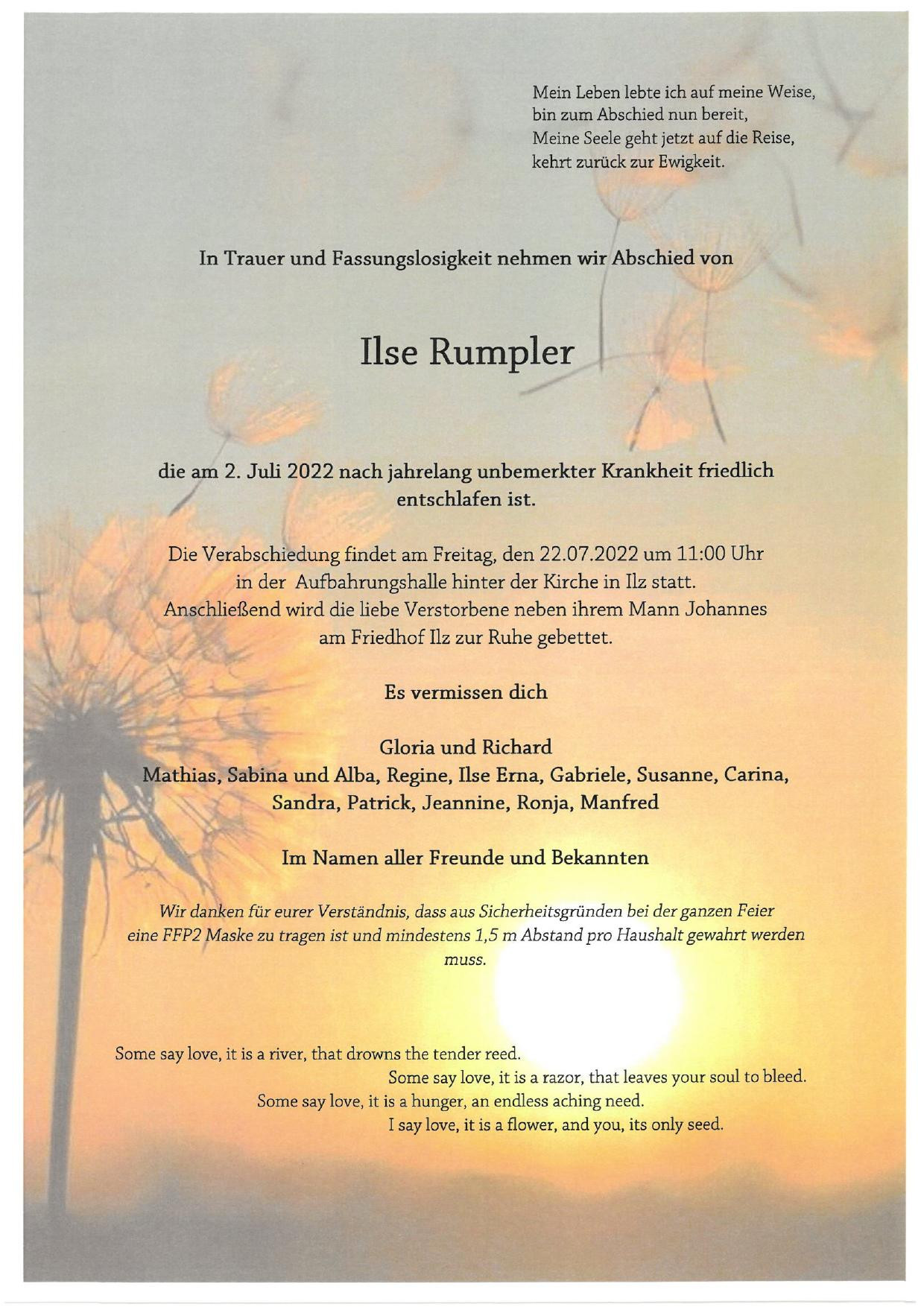 Traueranzeige von Ilse Rumpler