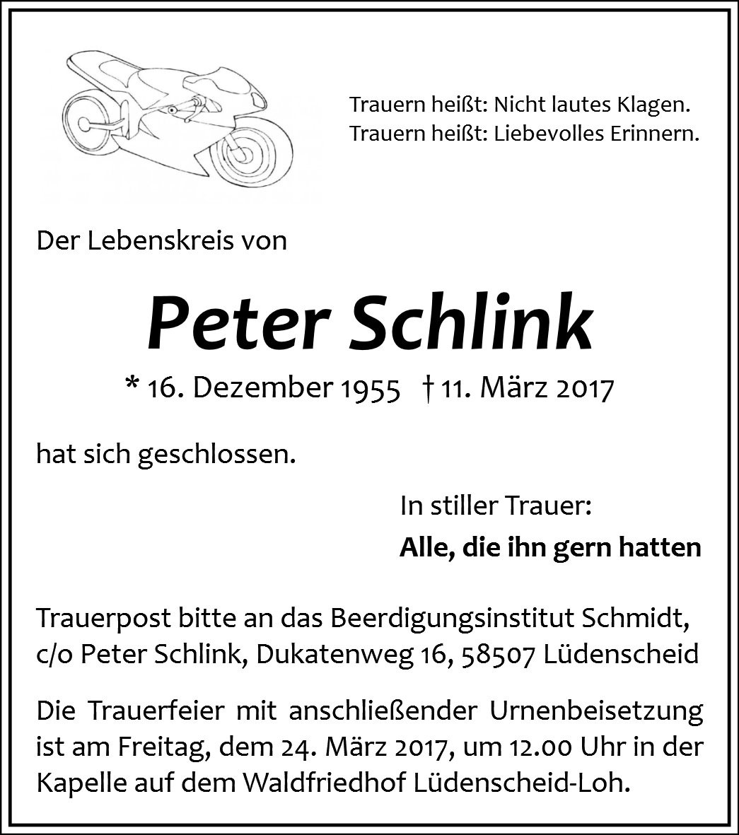 Traueranzeige von Peter Schlink