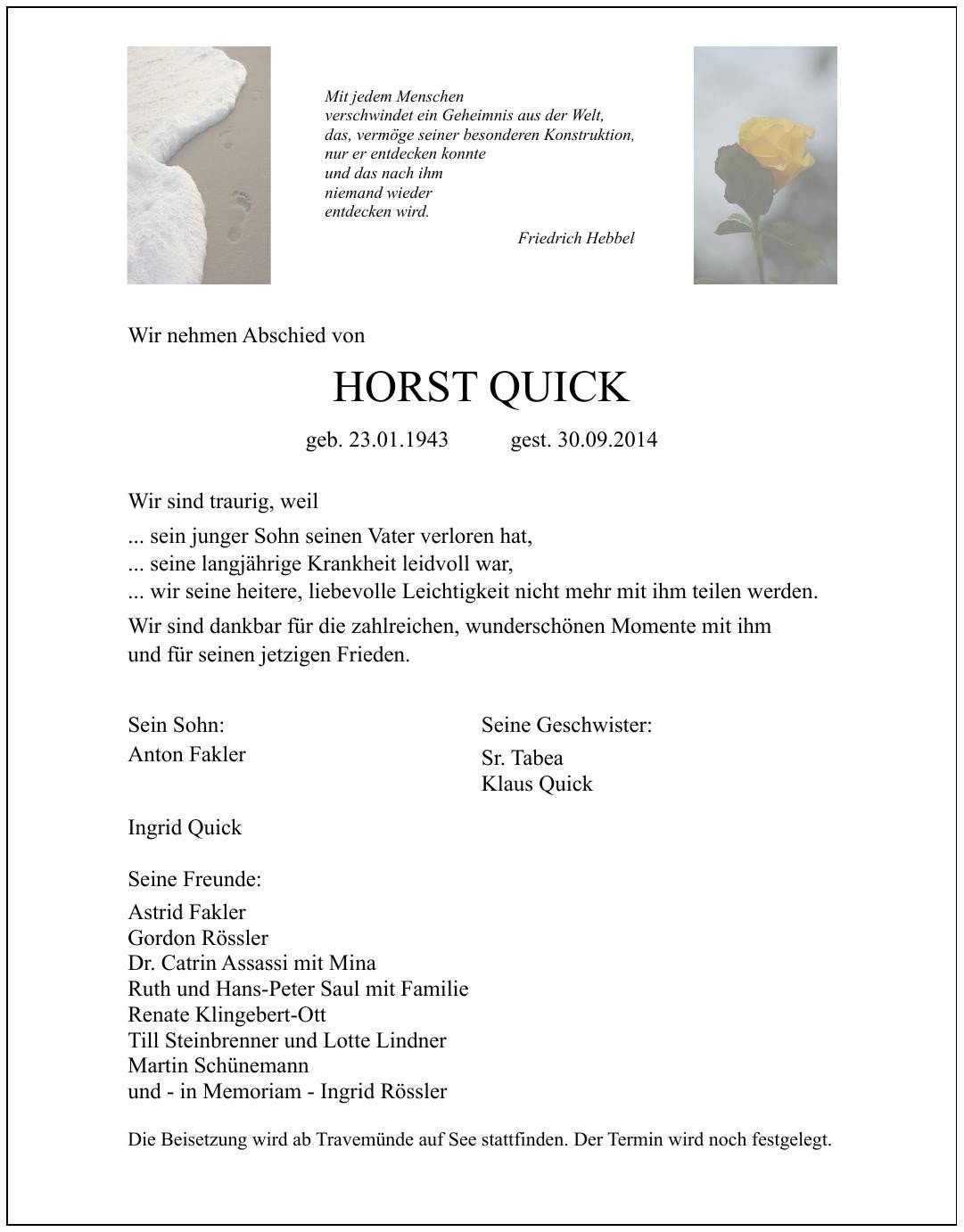 Traueranzeige von Horst Quick