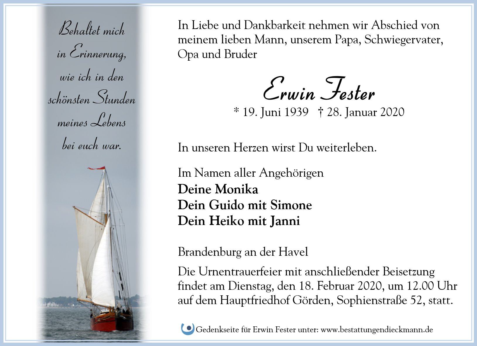 Traueranzeige von Erwin Fester