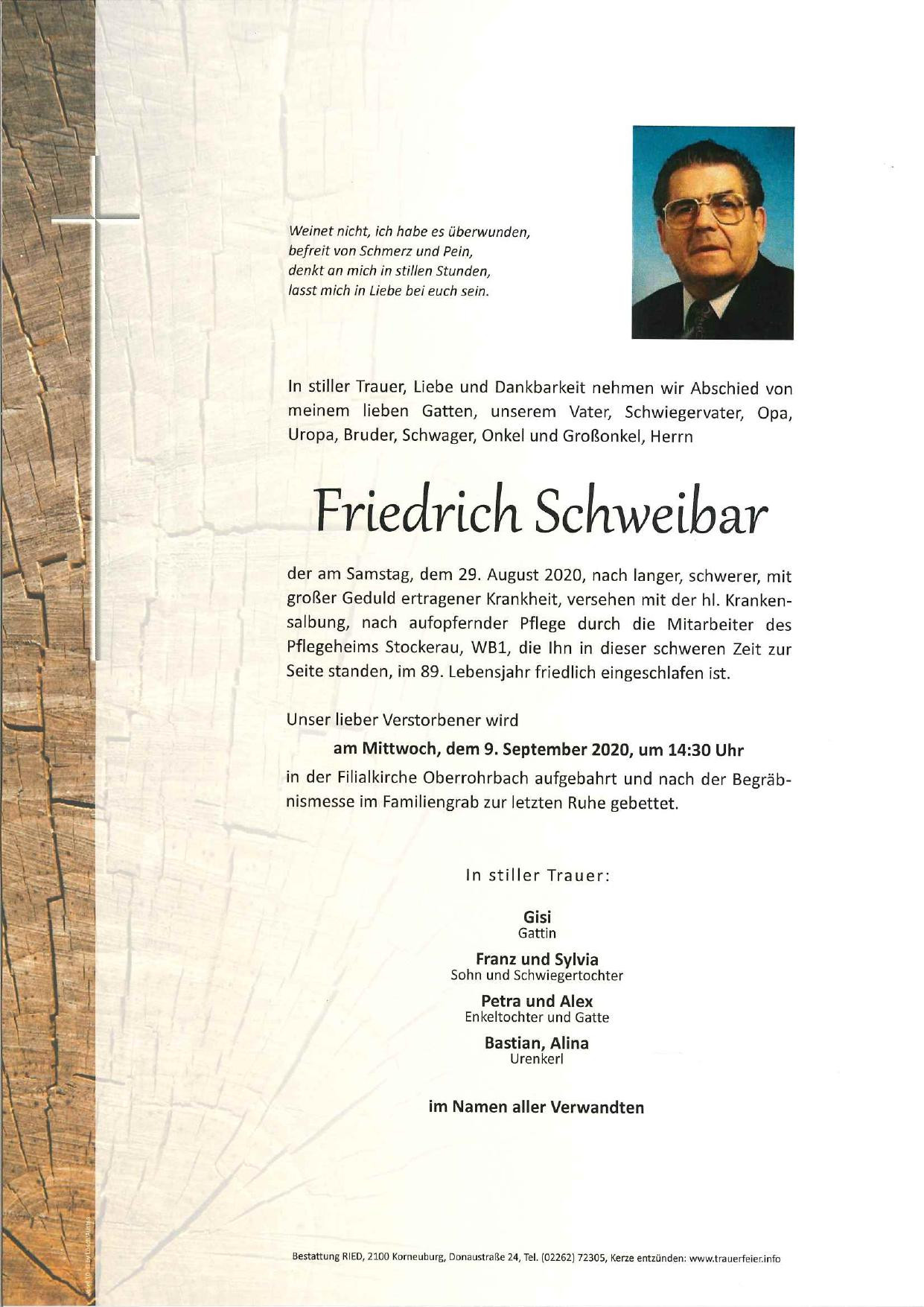 Traueranzeige von Friedrich Schweibar
