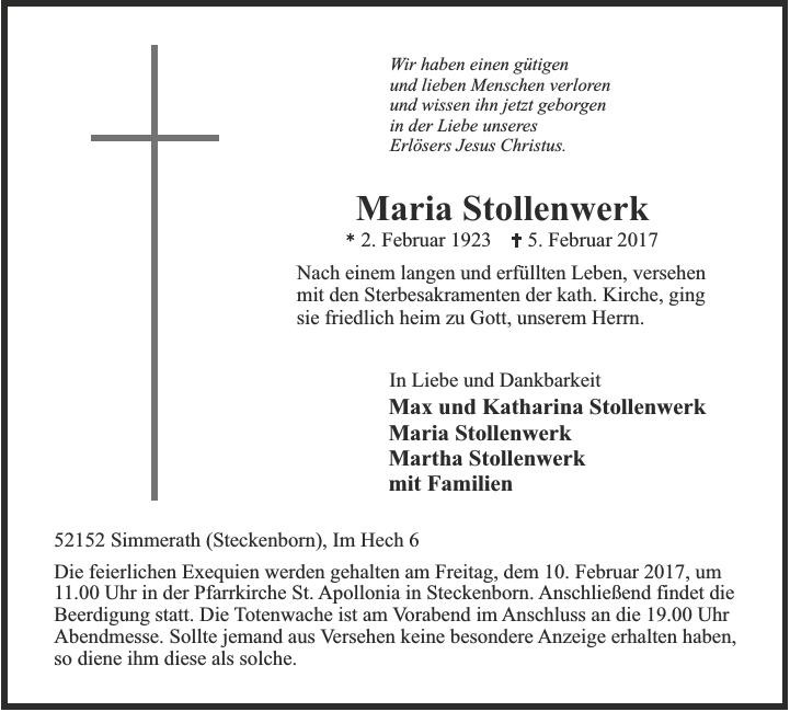 Traueranzeige von Maria Stollenwerk