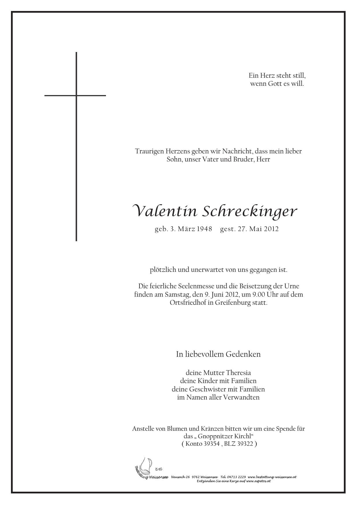 Traueranzeige von Valentin Schreckinger