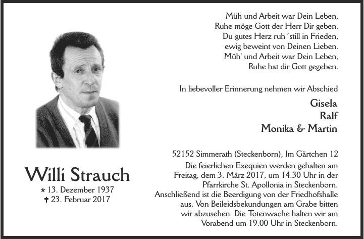 Traueranzeige von Willi Strauch
