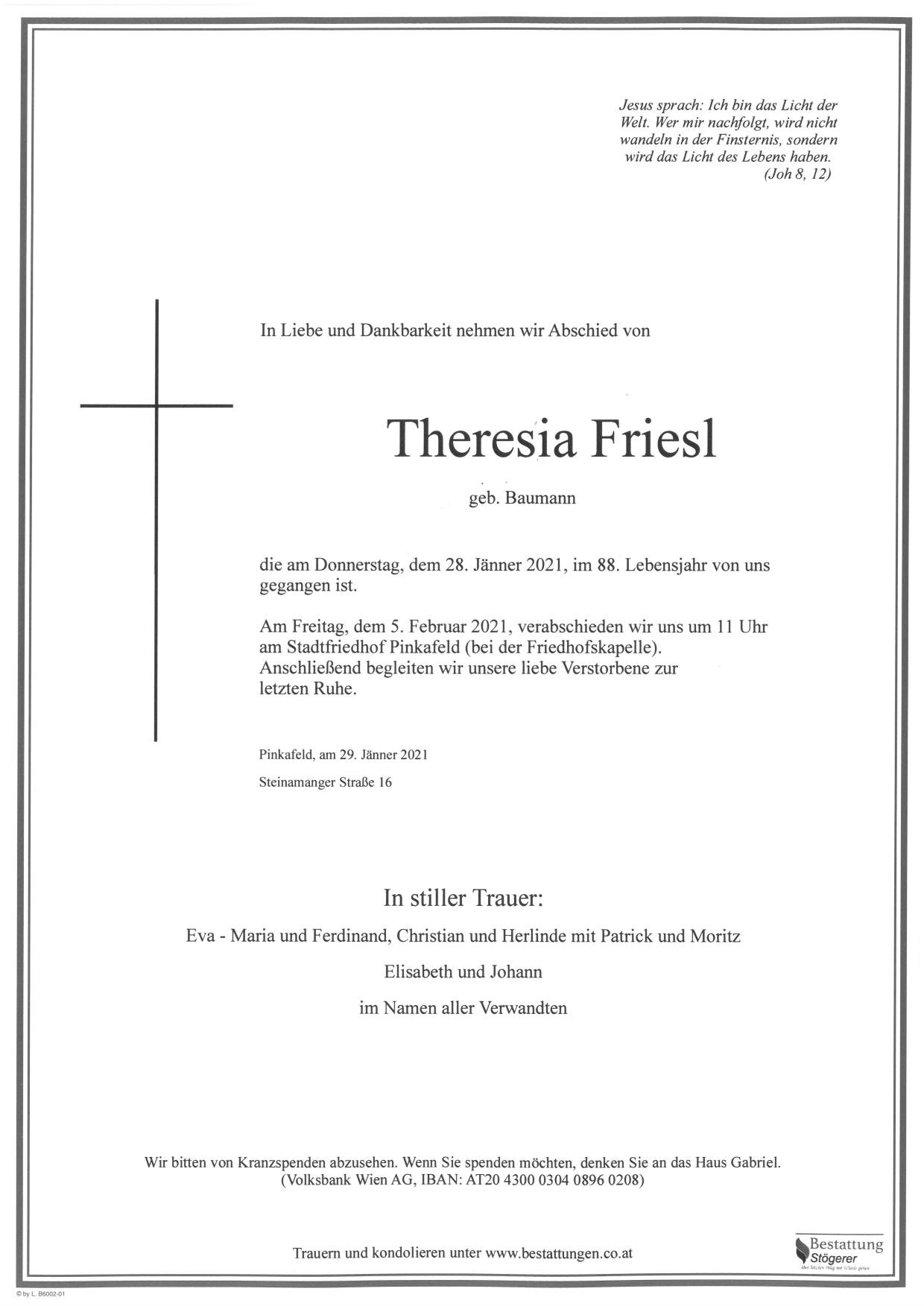 Traueranzeige von Theresia Friesl