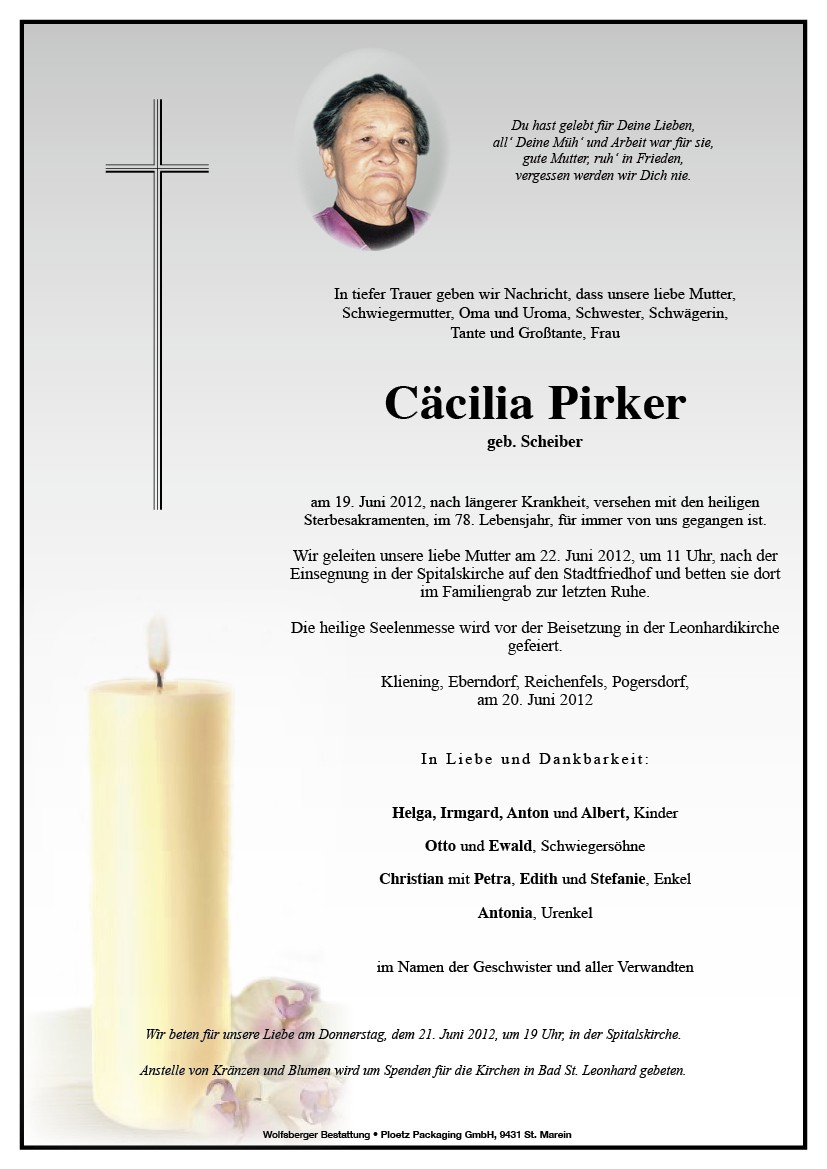 Traueranzeige von Cäcilia Pirker