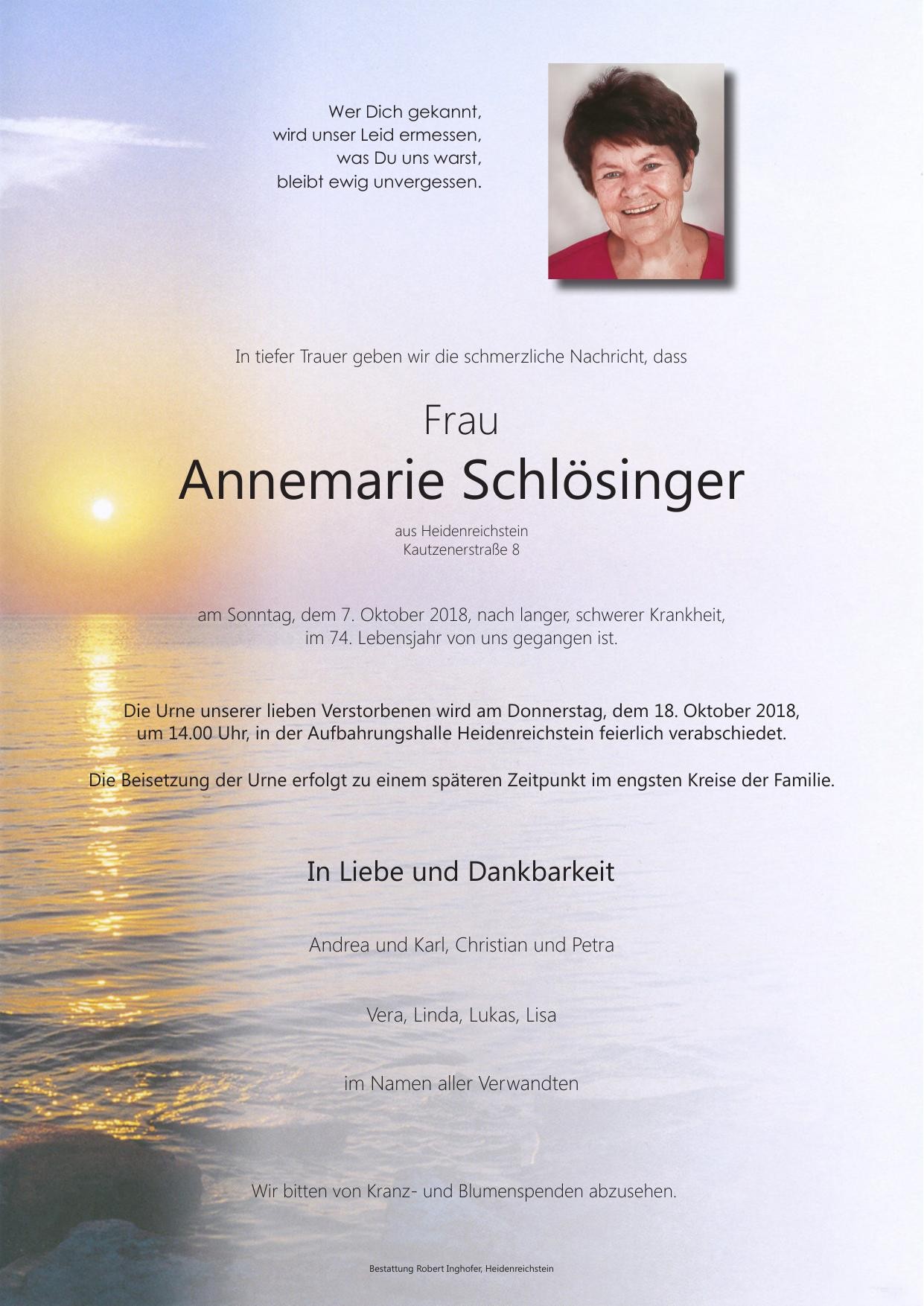 Traueranzeige von Annemarie Schlösinger