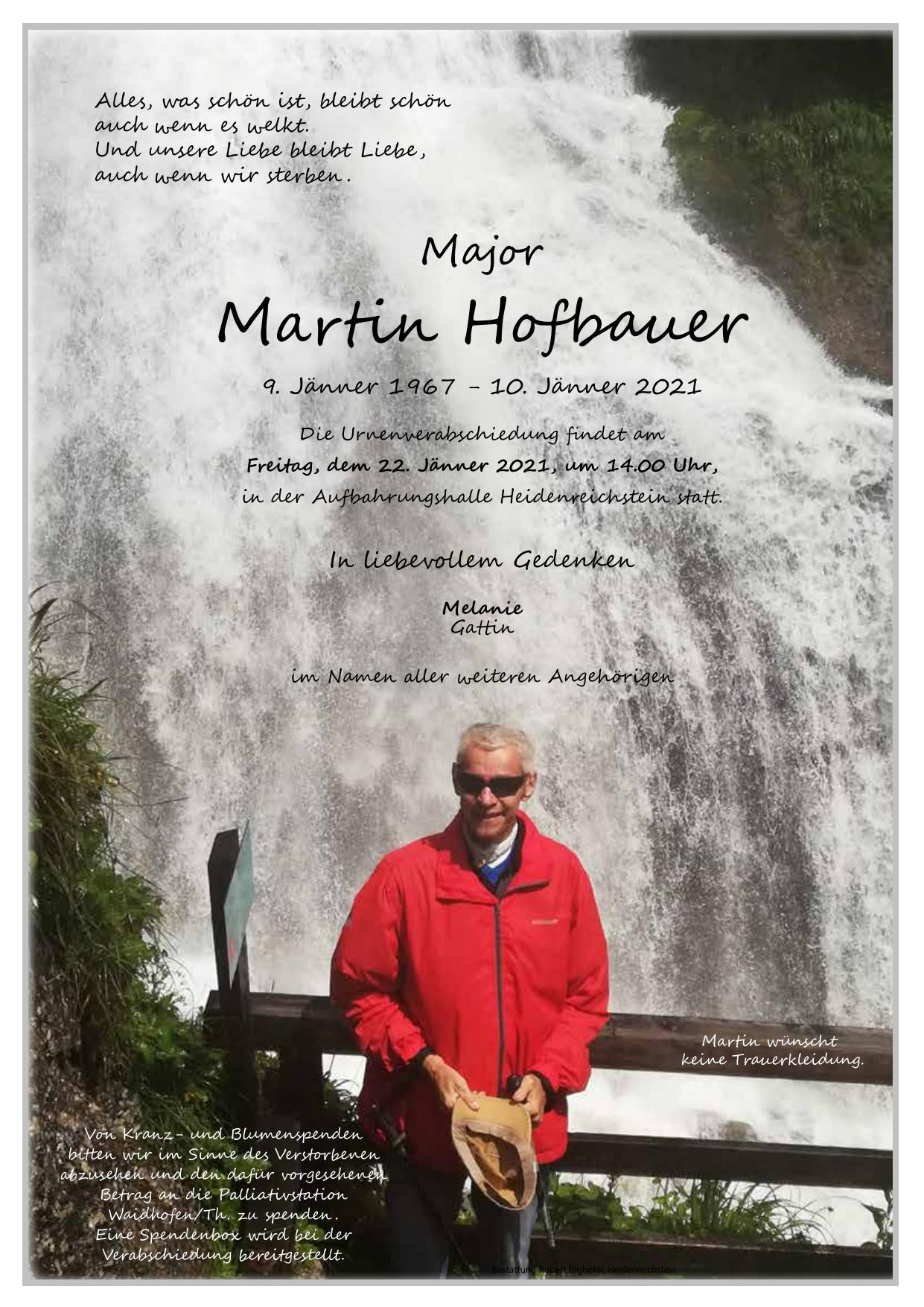 Traueranzeige von Major Martin Hofbauer