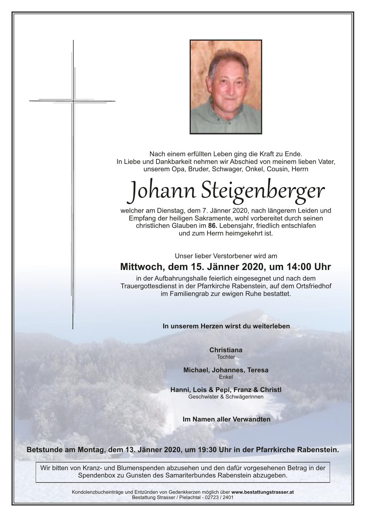 Traueranzeige von Johann Steigenberger