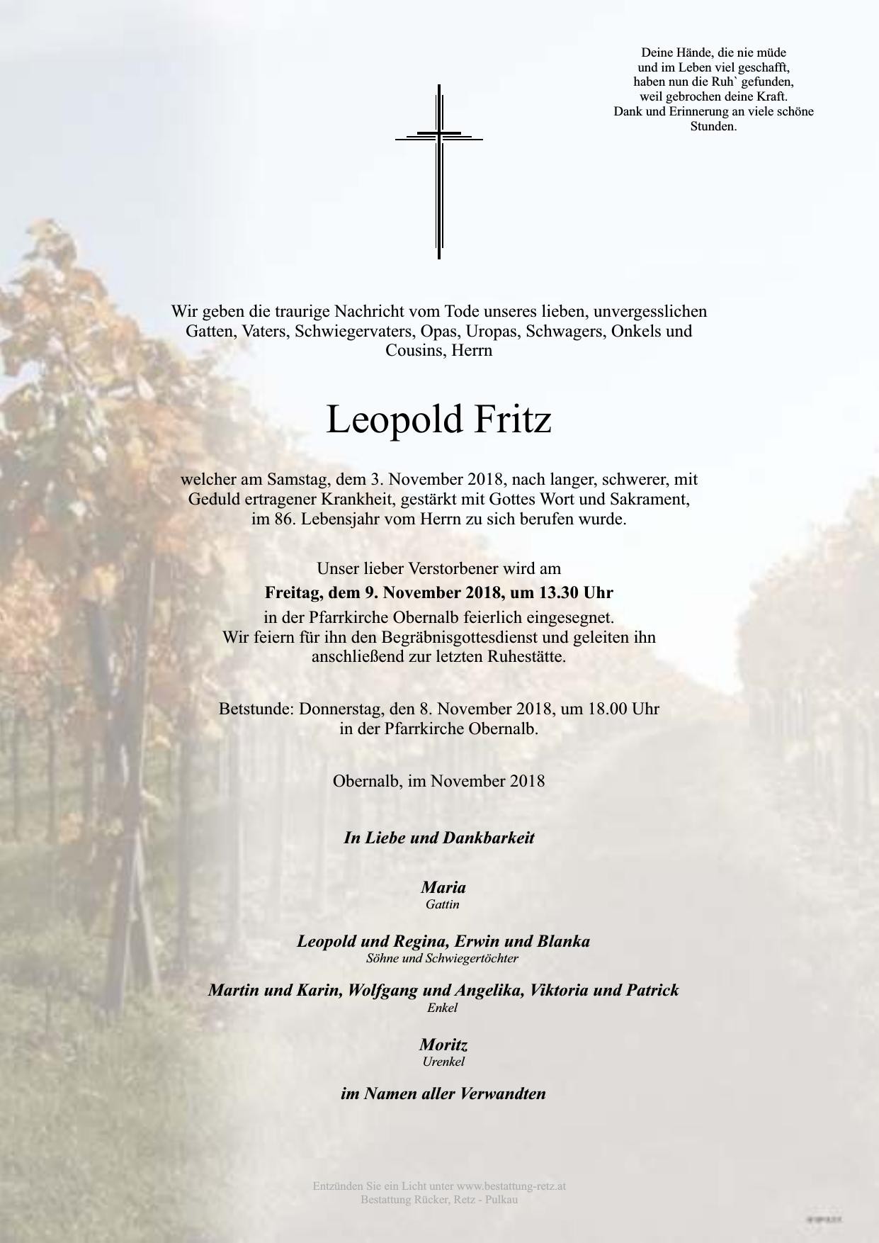 Traueranzeige von Leopold Fritz