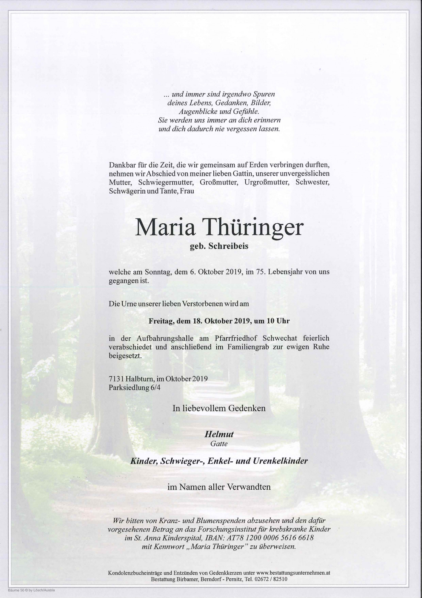 Traueranzeige von Maria Thüringer