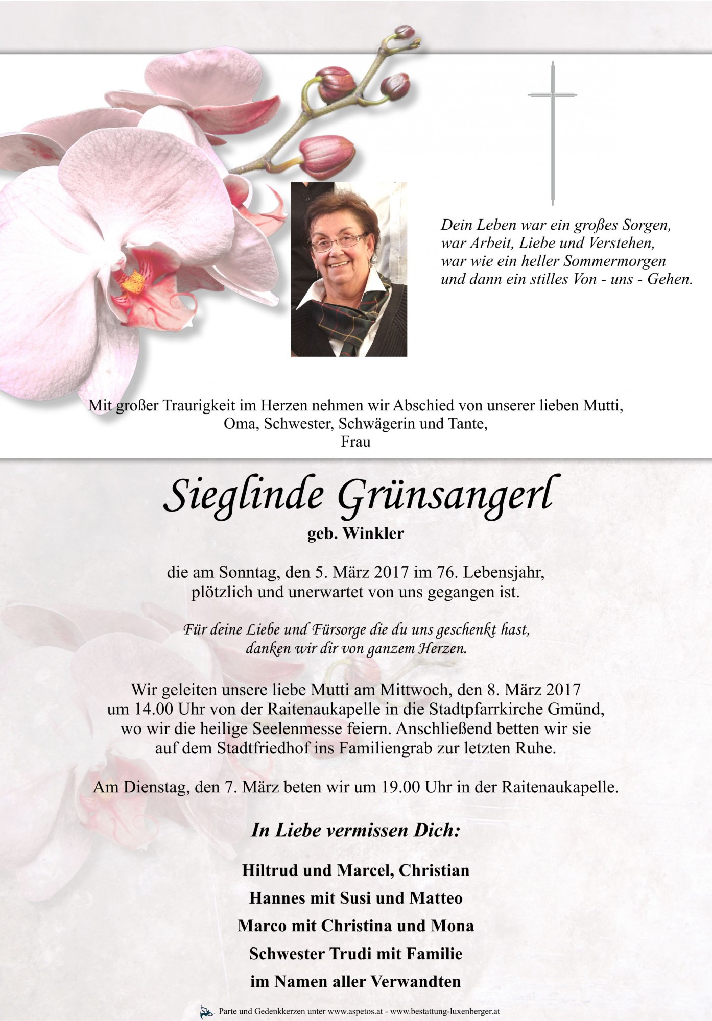 Traueranzeige von Sieglinde Grünsangerl