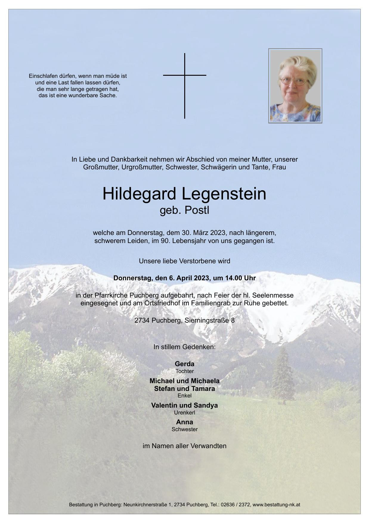 Traueranzeige von Hildegard Legenstein