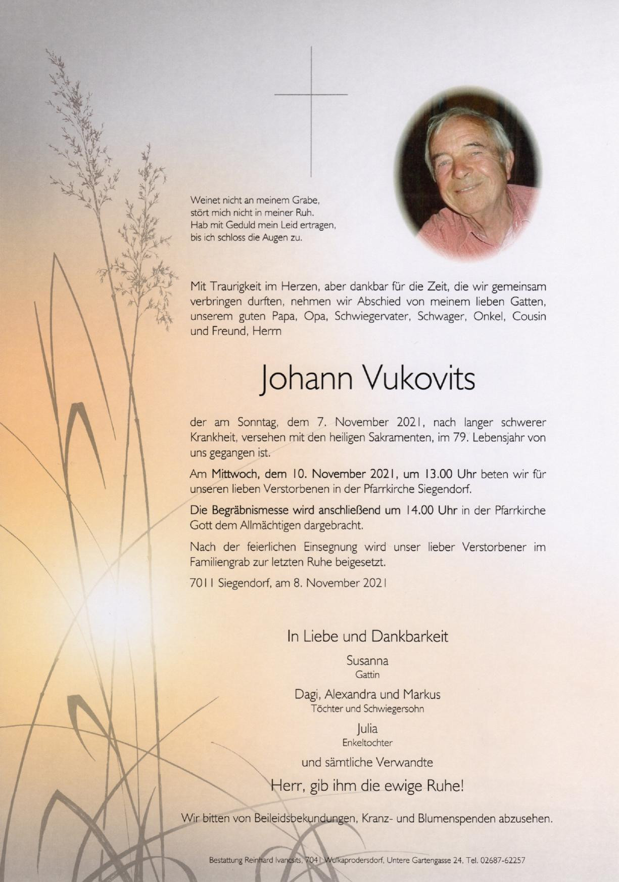 Traueranzeige von Johann Vukovits