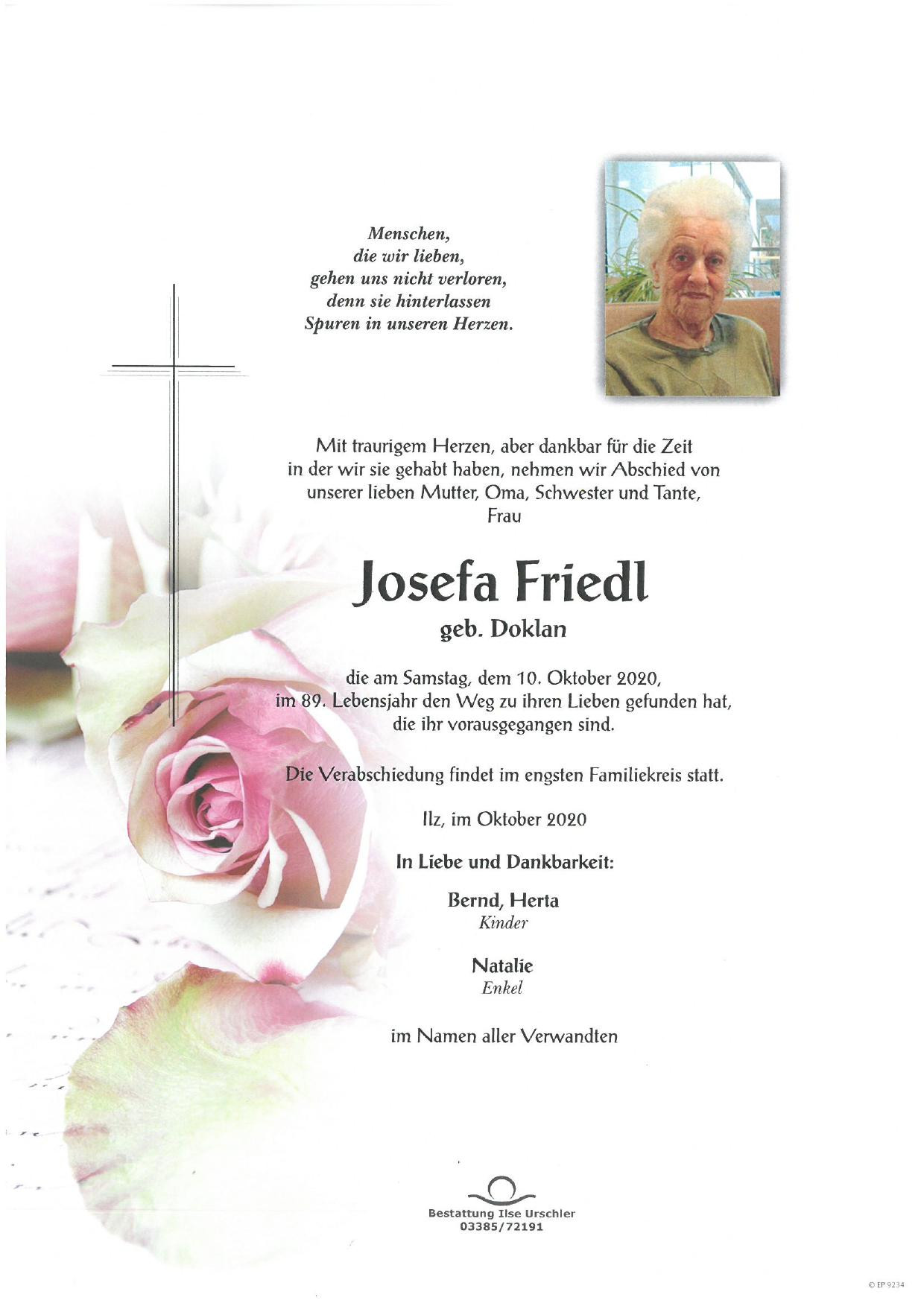 Traueranzeige von Josefa Friedl